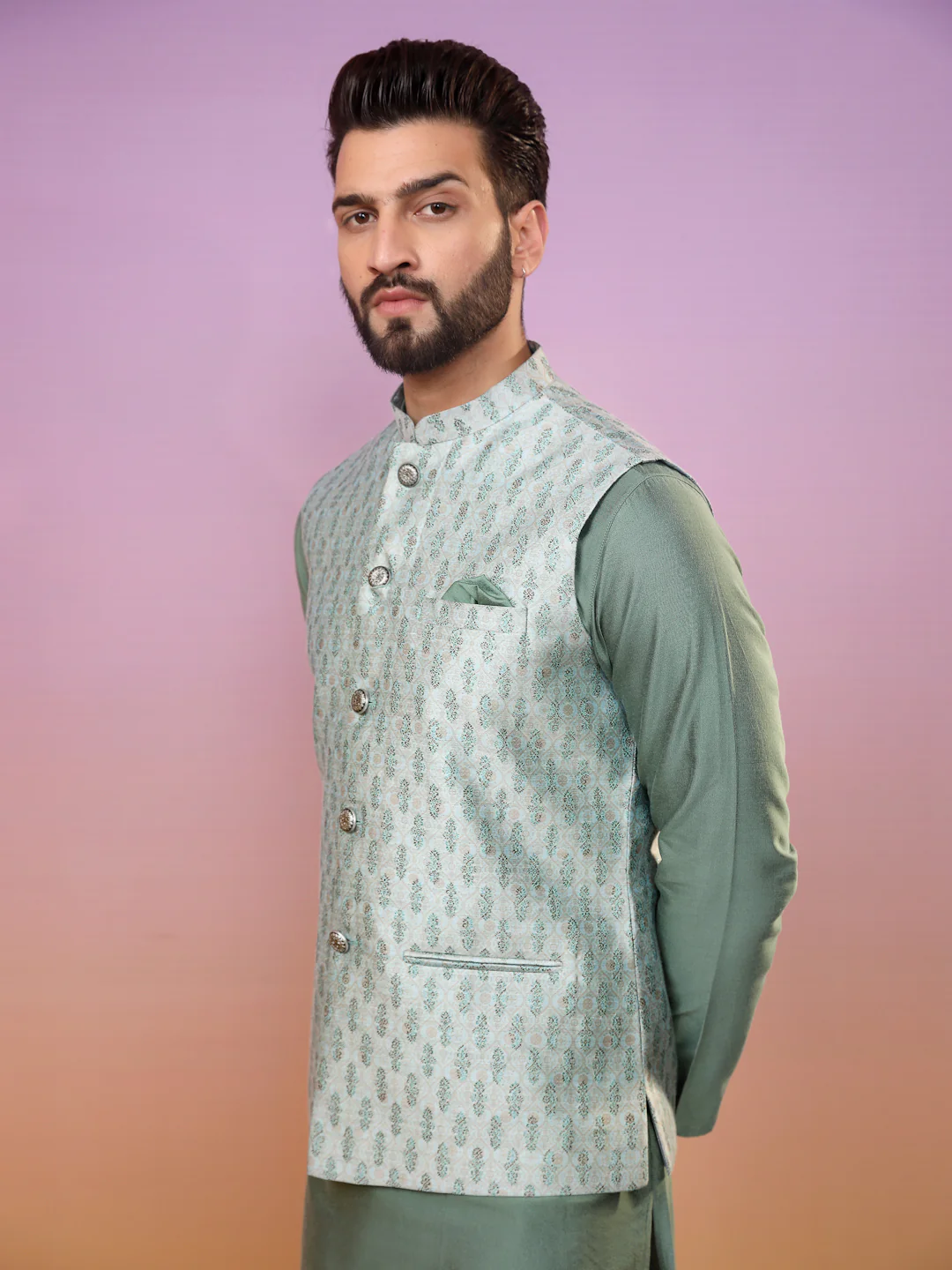 Men Green Printed Nehru Jacket - Image 5