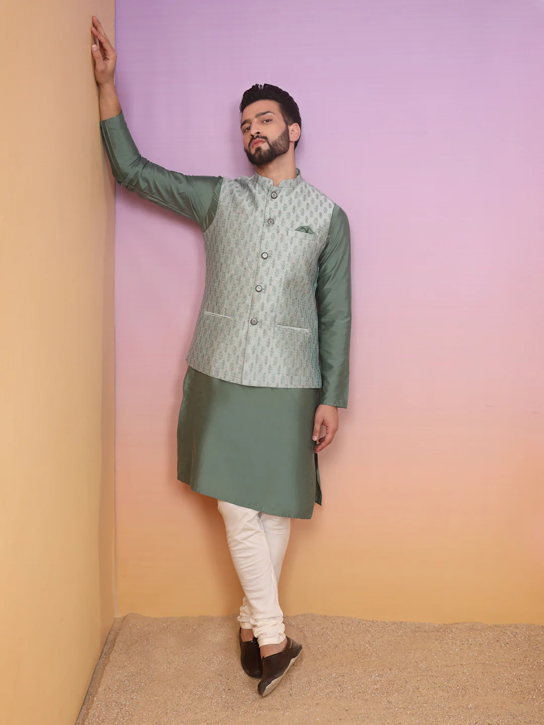 Men Green Printed Nehru Jacket - Image 6