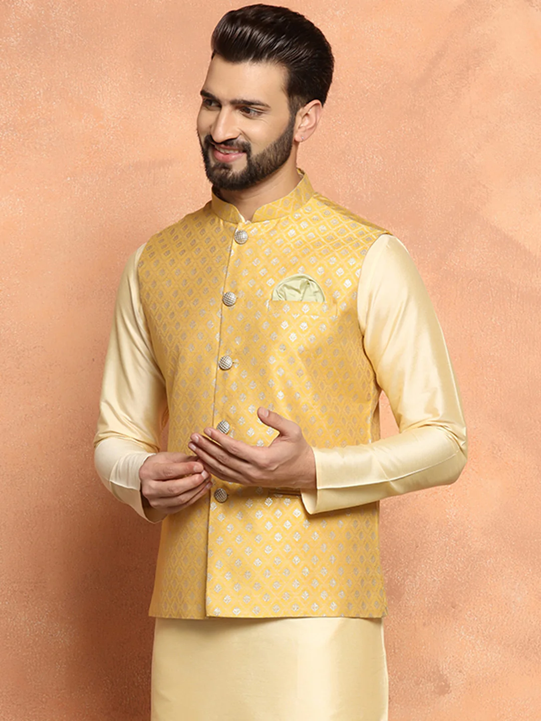 Golden Yellow Silk Blend Jacquard Nehru Jacket - Image 3