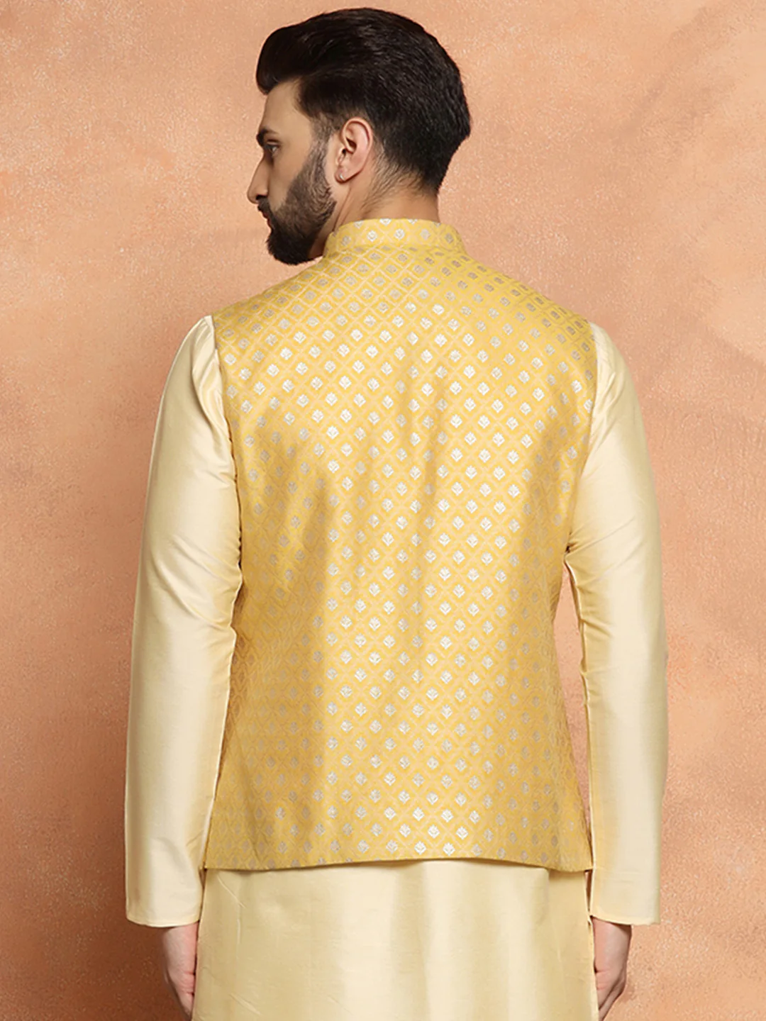 Golden Yellow Silk Blend Jacquard Nehru Jacket - Image 4
