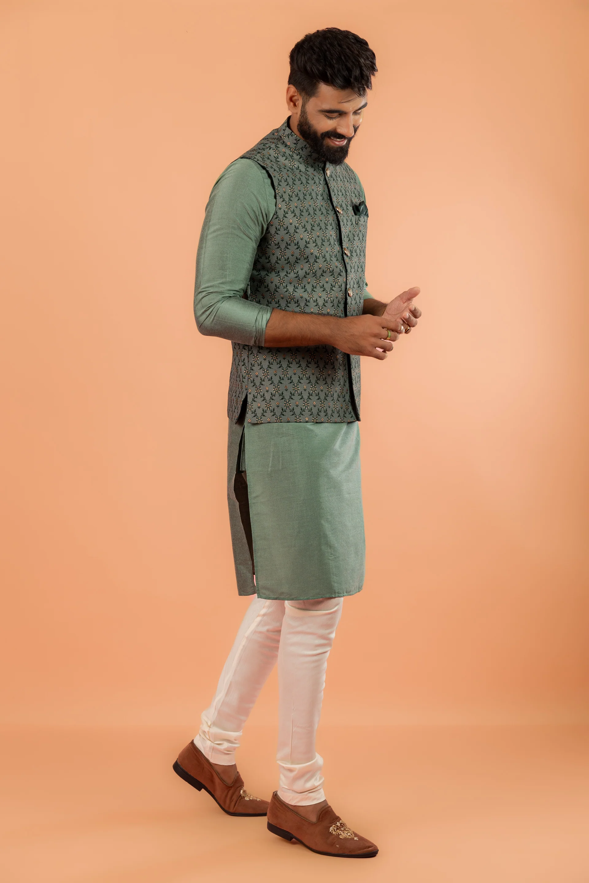 Green Silk Blend Geometric Nehru Jacket - Image 3
