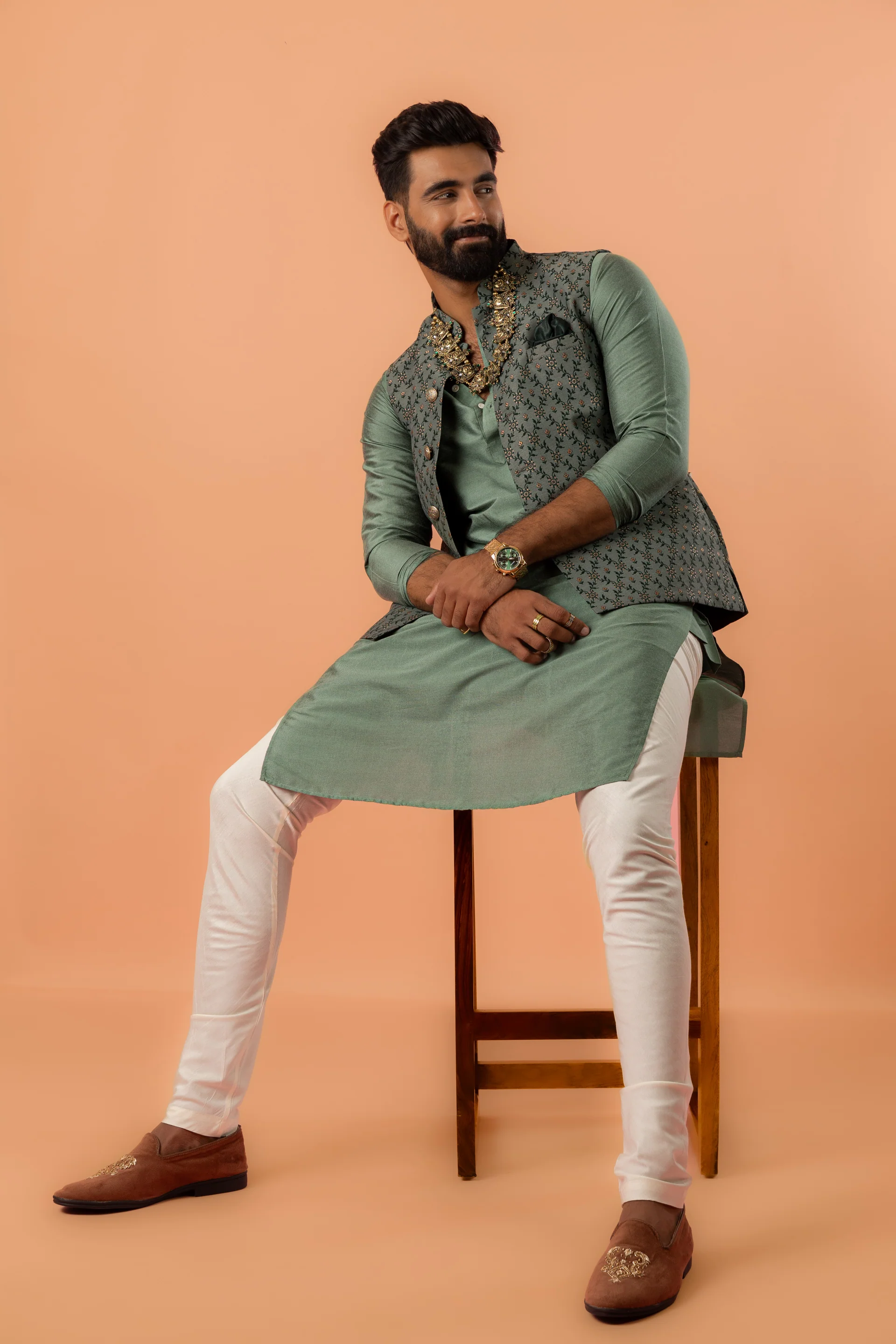 Green Silk Blend Geometric Nehru Jacket - Image 4