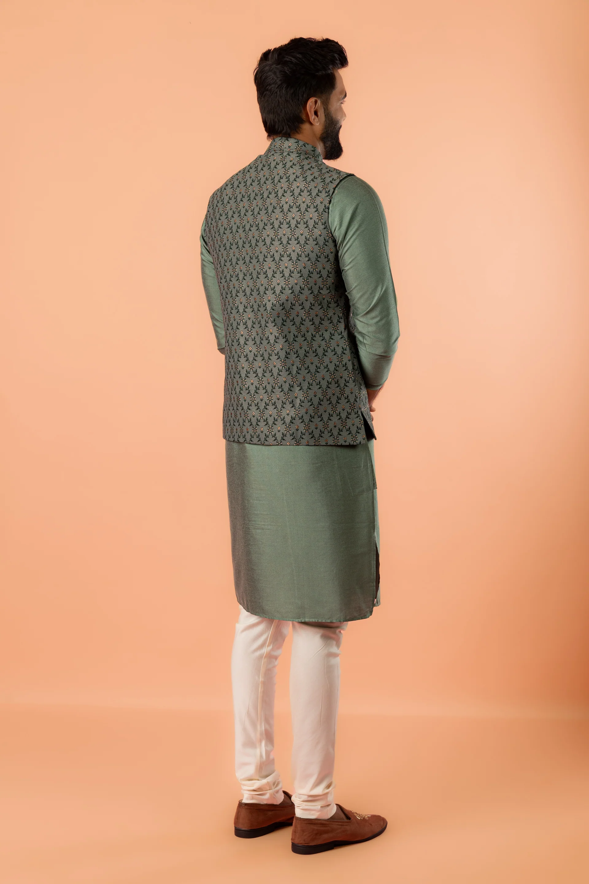Green Silk Blend Geometric Nehru Jacket - Image 5