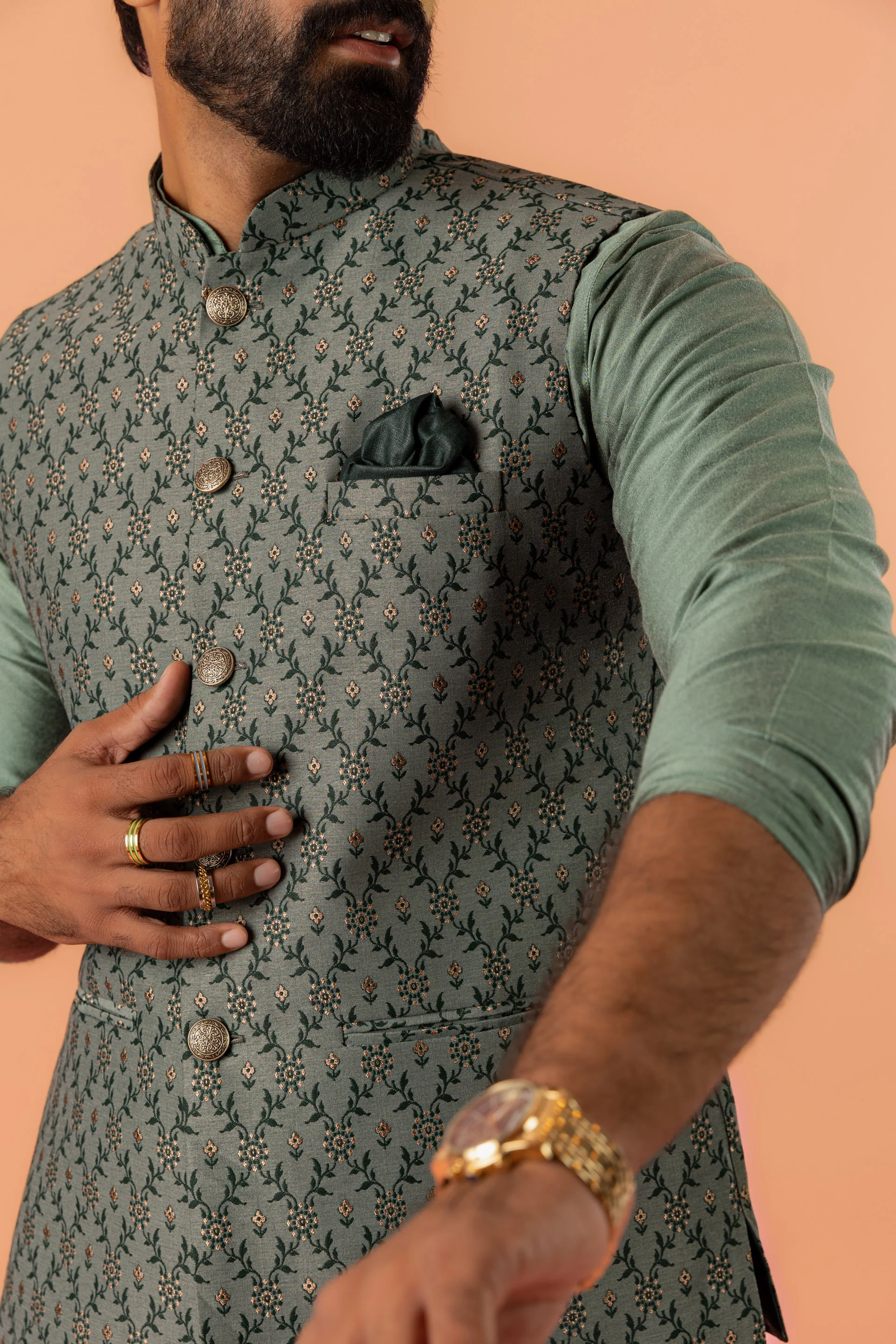 Green Silk Blend Geometric Nehru Jacket - Image 6