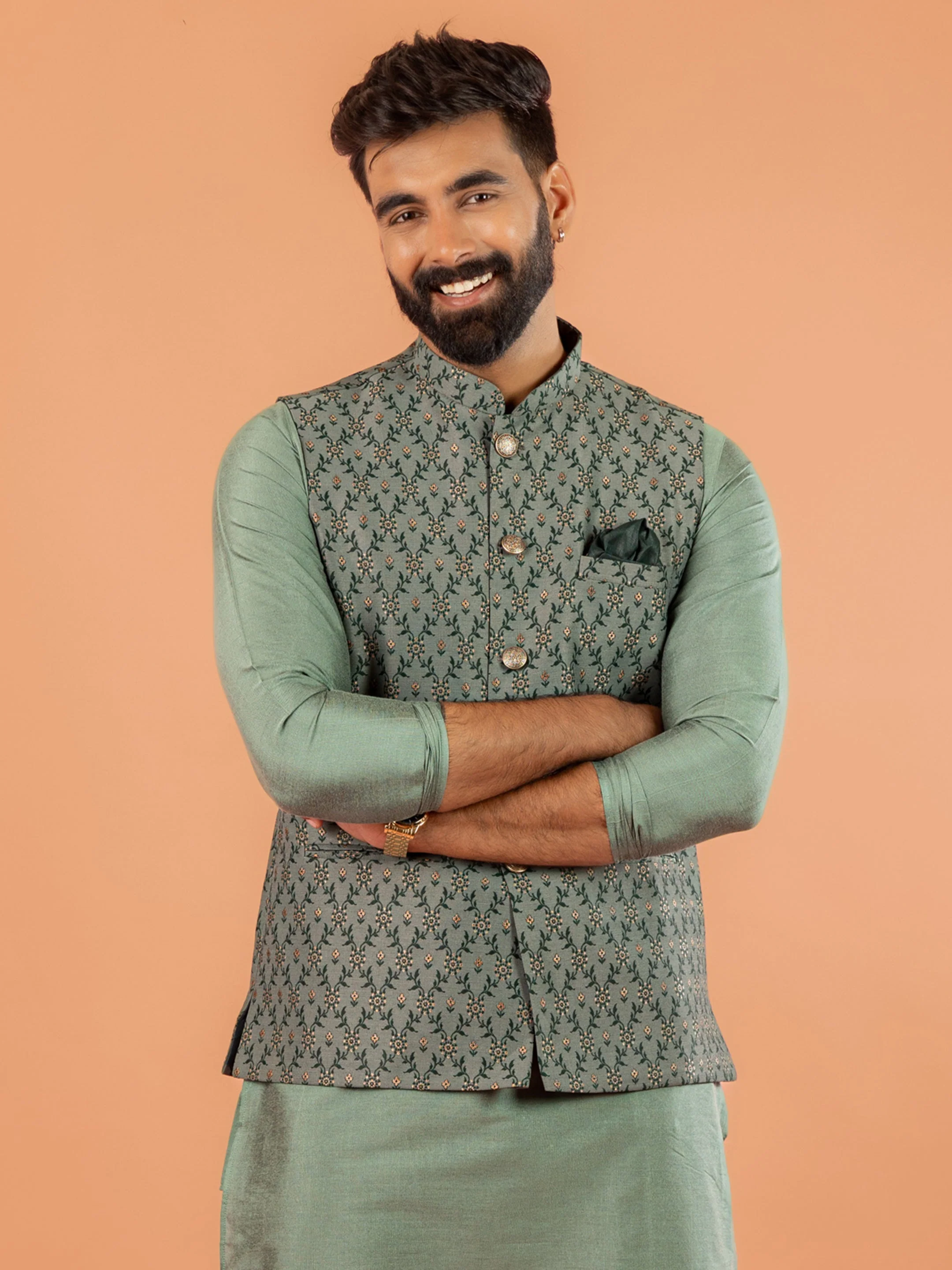Green Silk Blend Geometric Nehru Jacket - Image 7