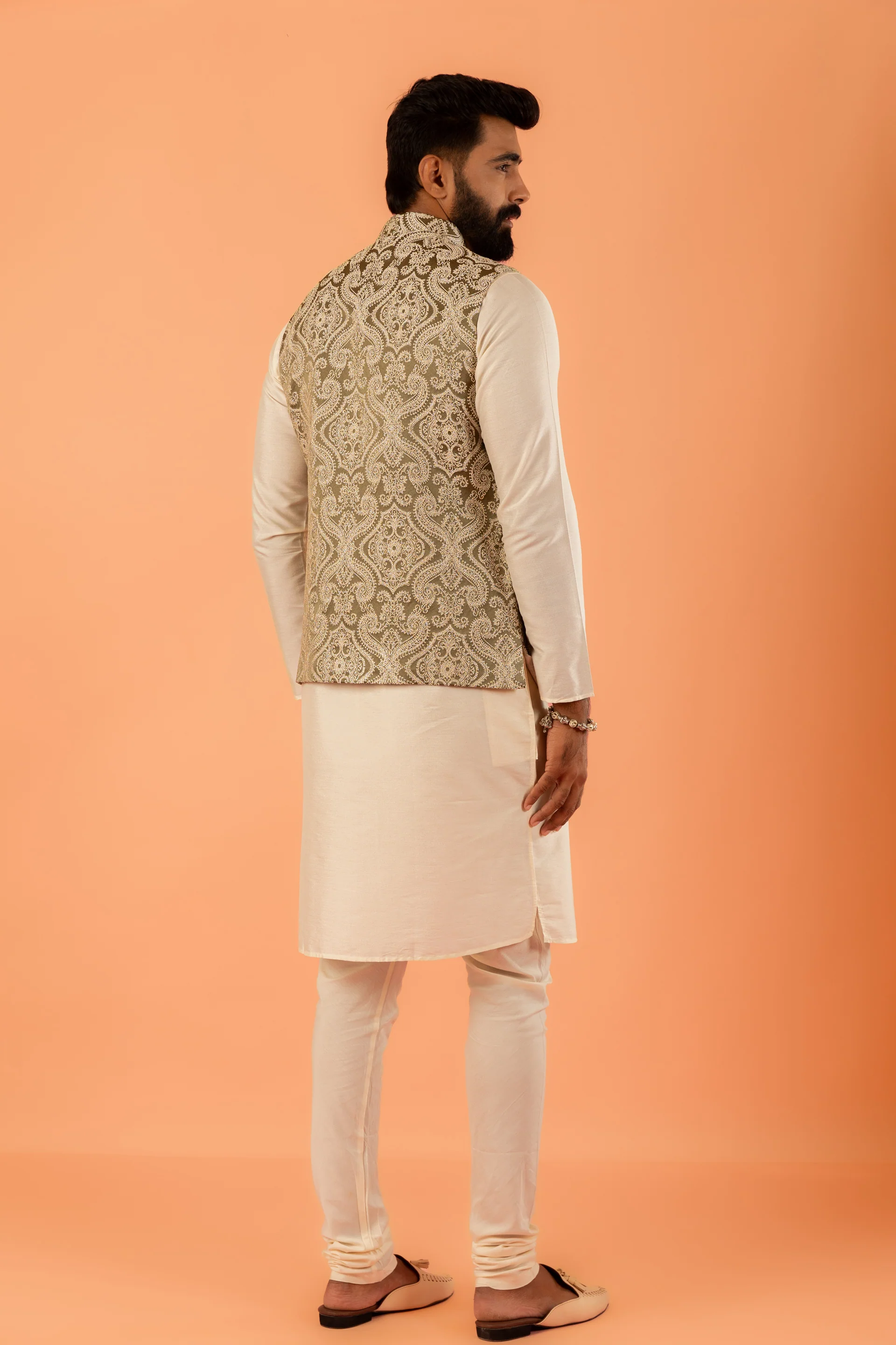 Beige Silk Embroidered Nehru Jacket Bundi - Image 4