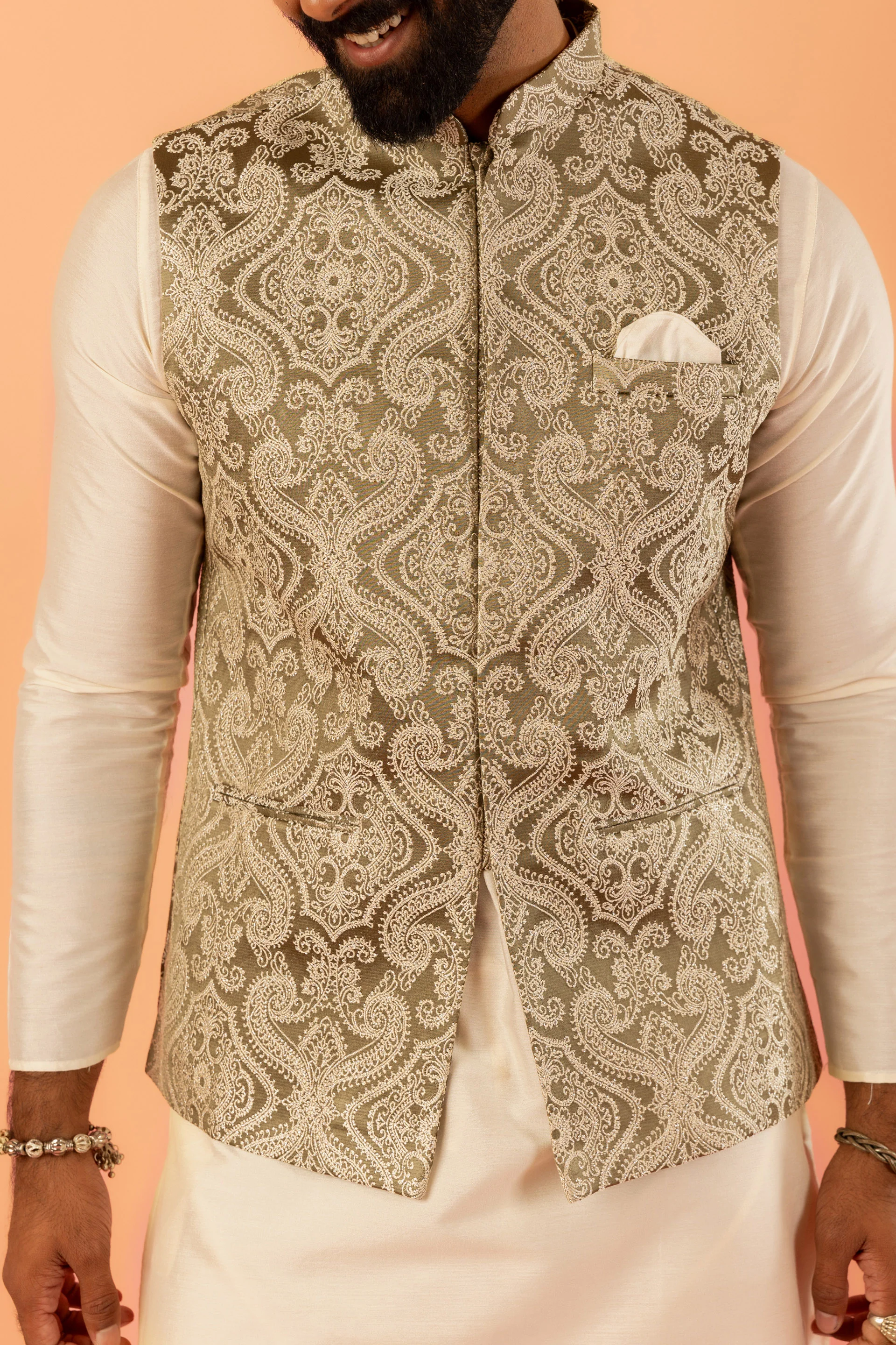 Beige Silk Embroidered Nehru Jacket Bundi - Image 5