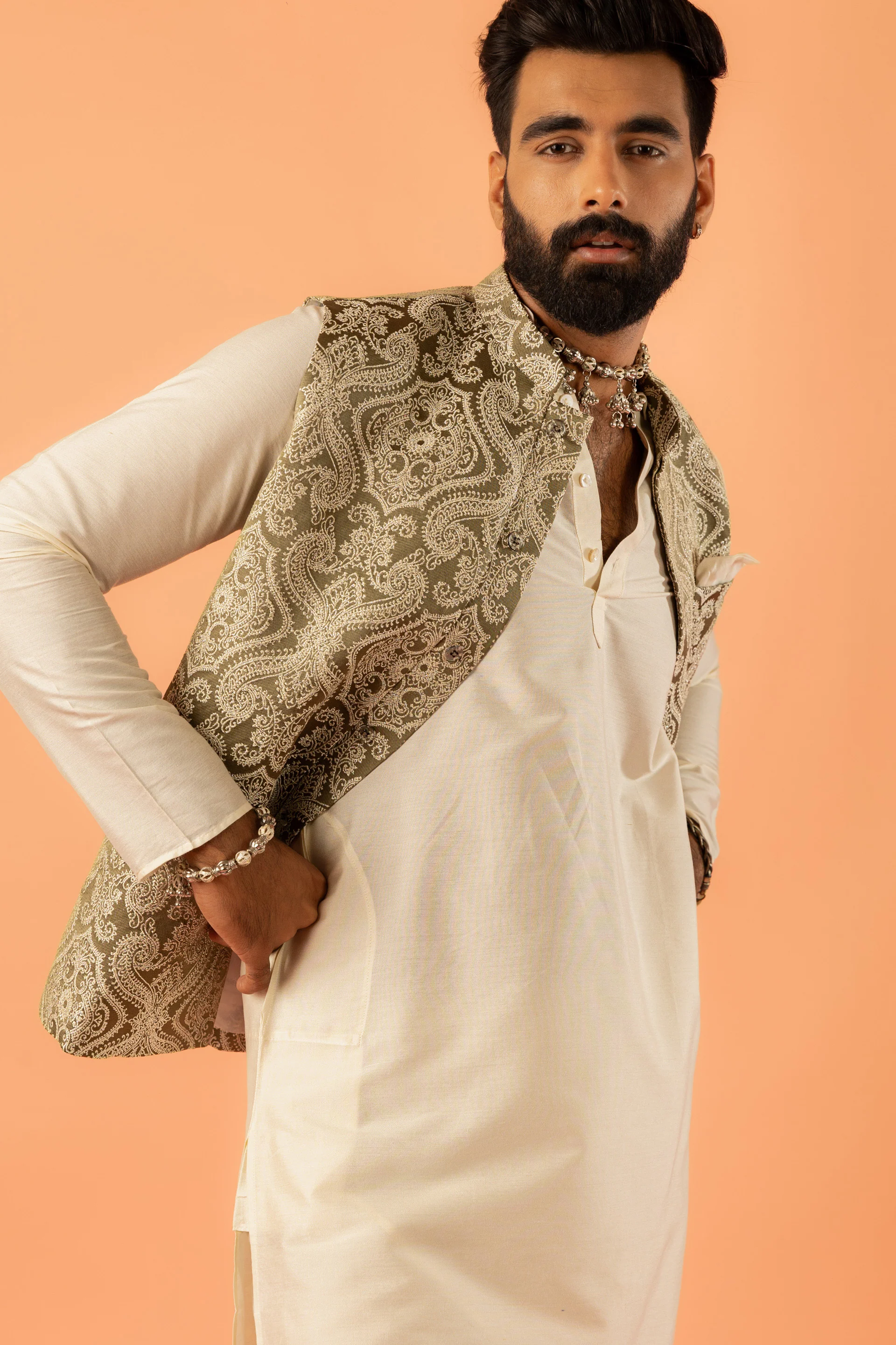 Beige Silk Embroidered Nehru Jacket Bundi - Image 6