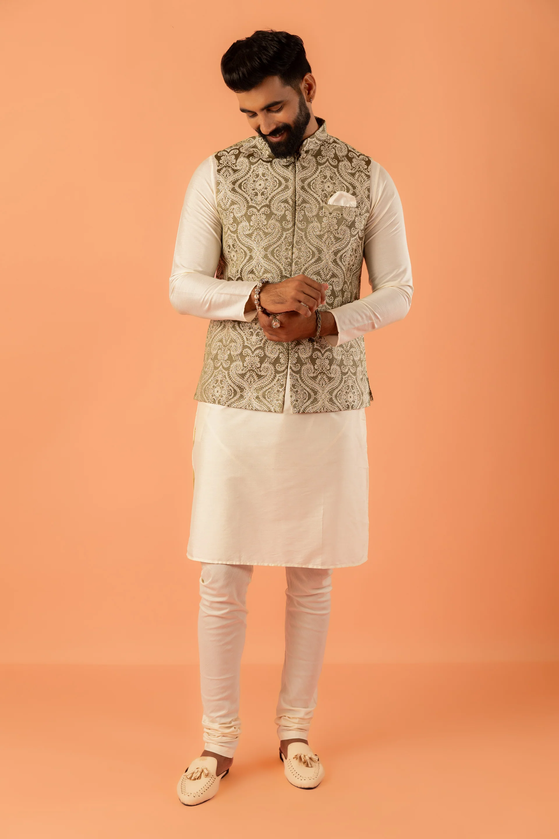 Beige Silk Embroidered Nehru Jacket Bundi - Image 7
