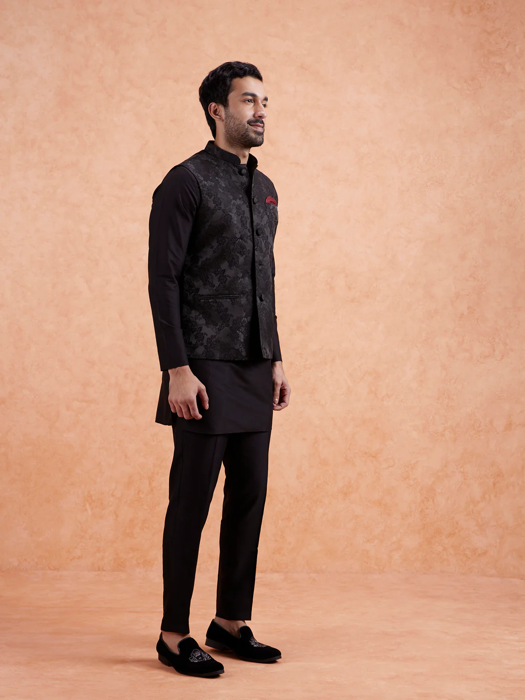 Black Jacquard Floral Nehru Jacket - Image 4