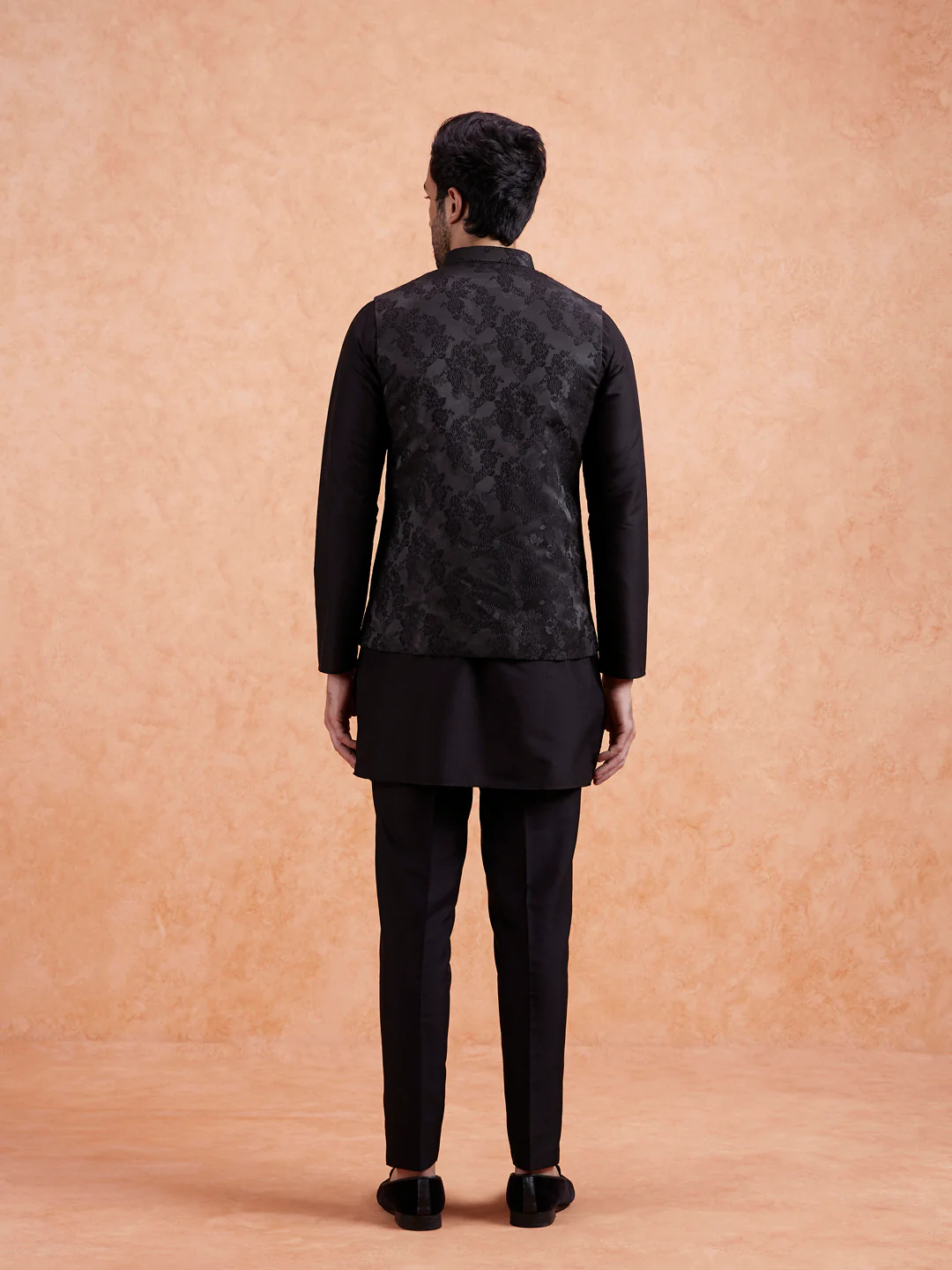 Black Jacquard Floral Nehru Jacket - Image 6