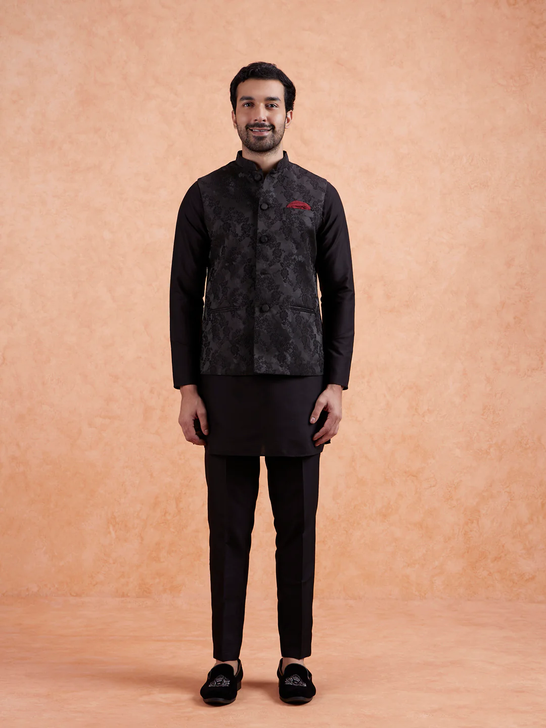 Black Jacquard Floral Nehru Jacket - Image 7