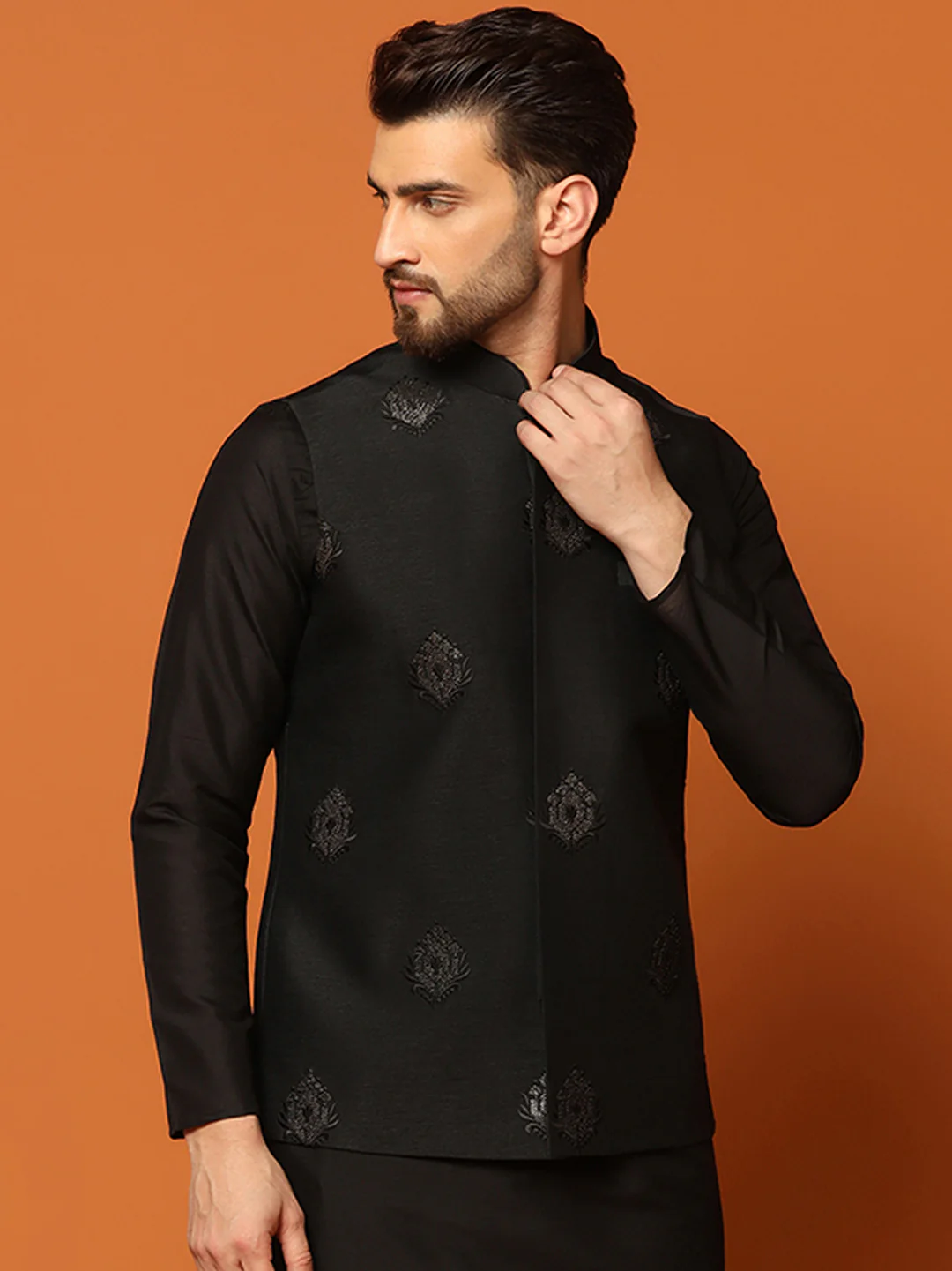 Black Silk Blend Embroidered Nehru Jacket - Image 2