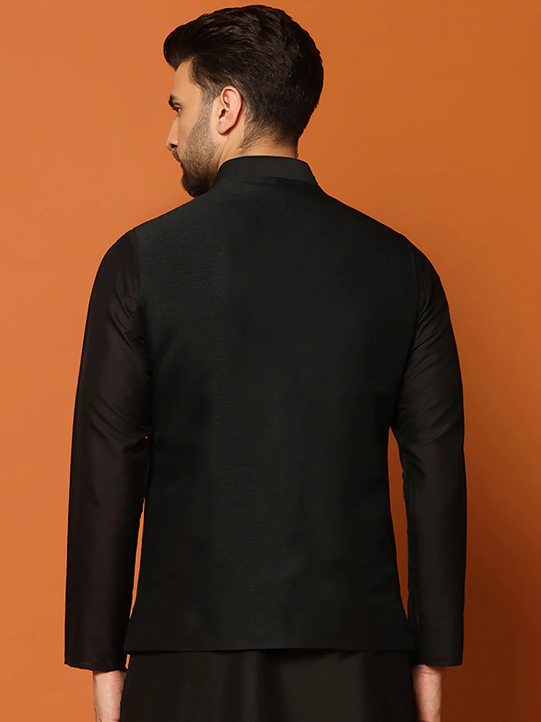 Black Silk Blend Embroidered Nehru Jacket - Image 4