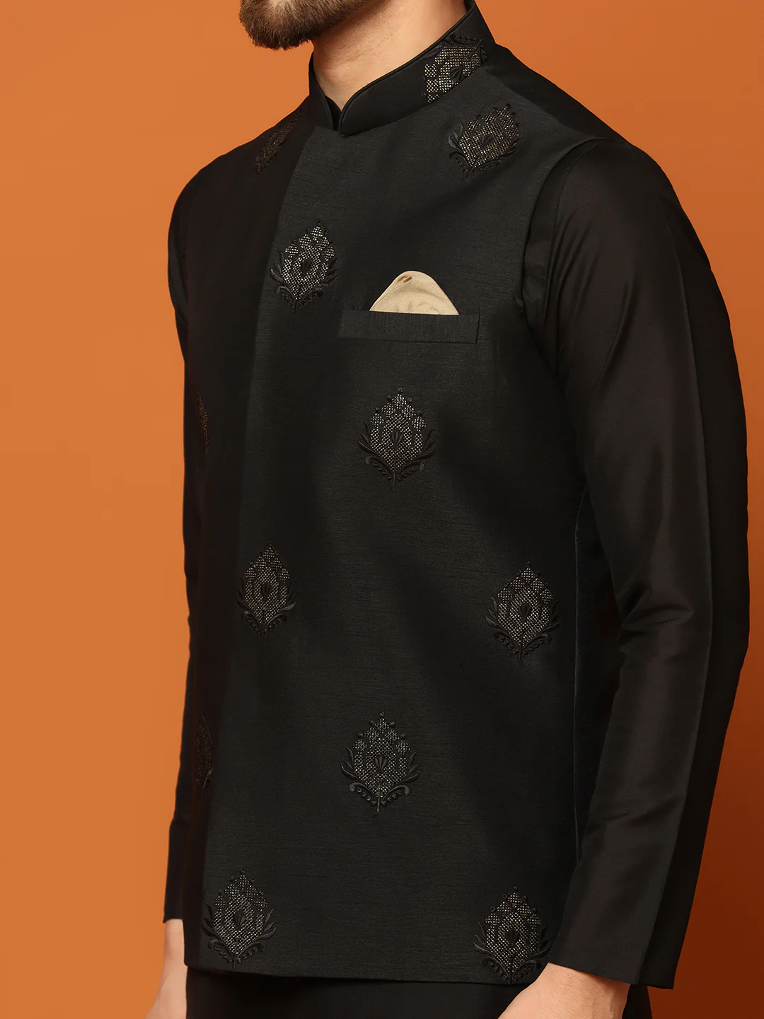 Black Silk Blend Embroidered Nehru Jacket - Image 5