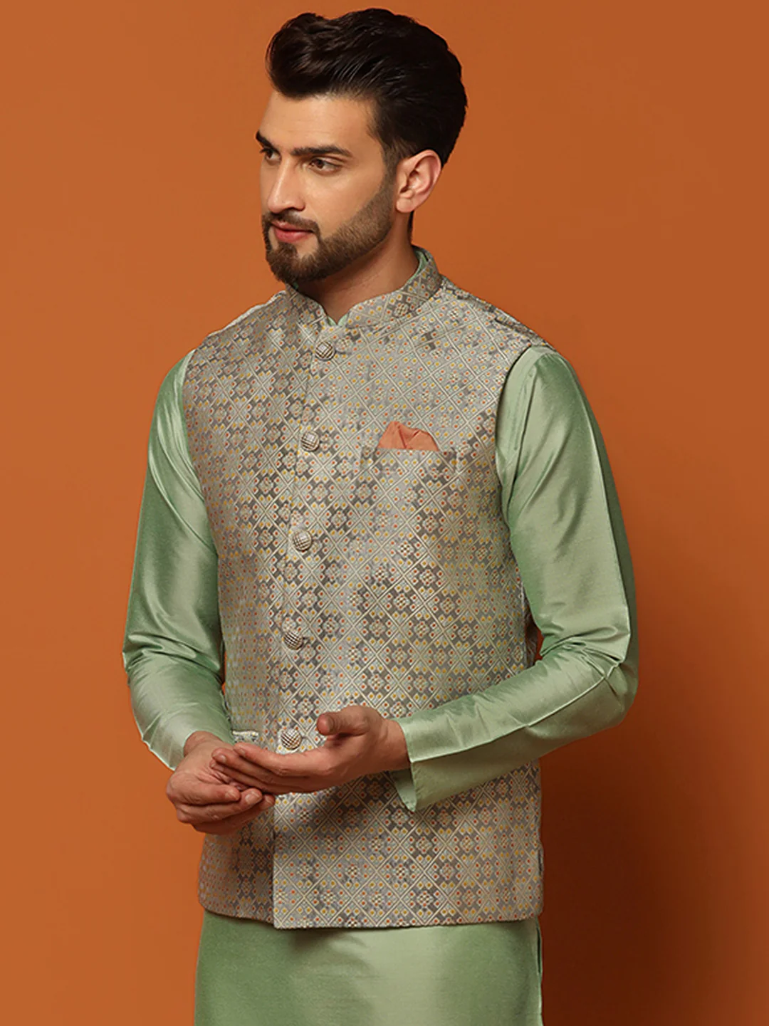 Grey Silk Blend Jacquard Nehru Jacket - Image 3