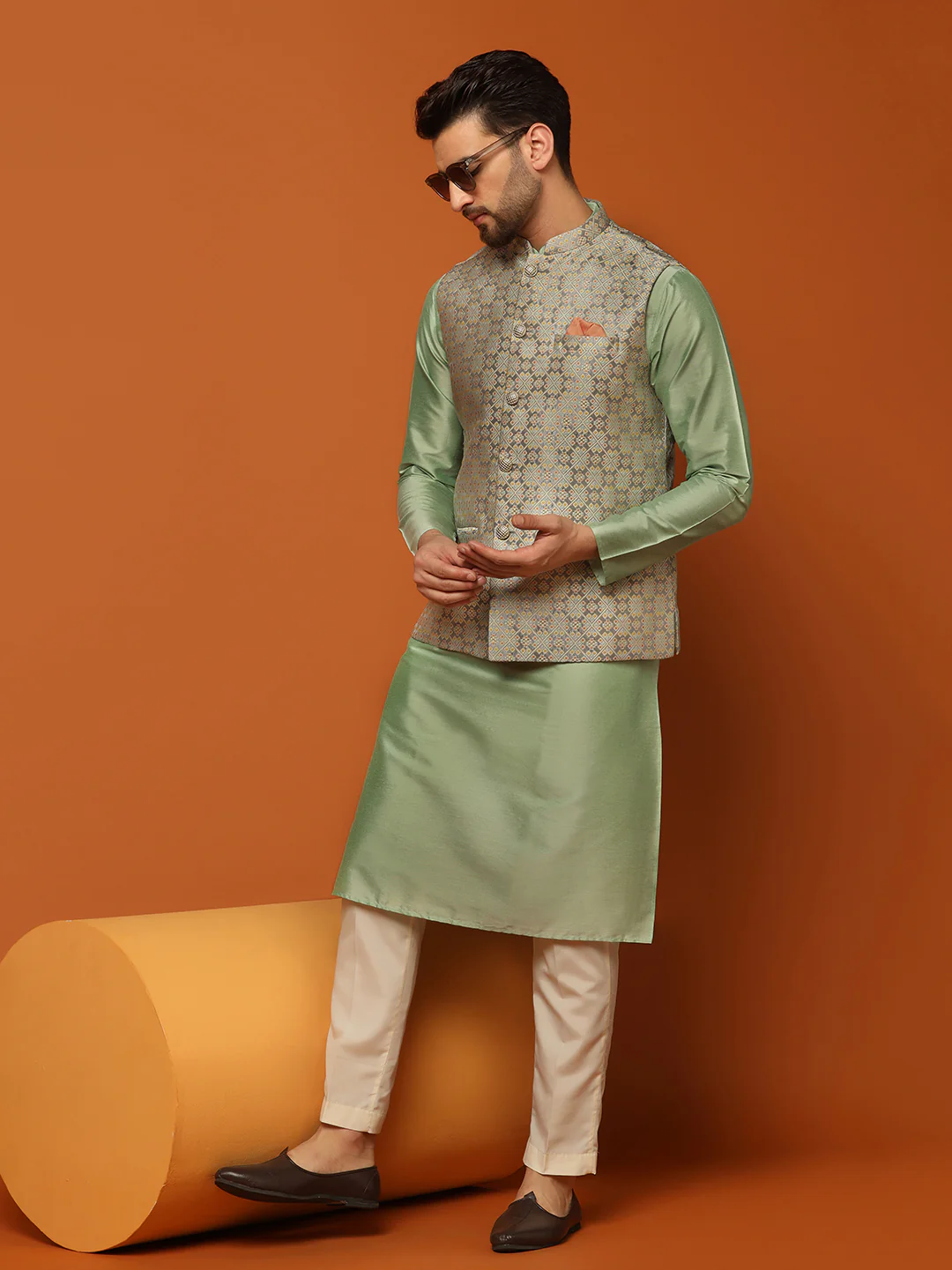 Grey Silk Blend Jacquard Nehru Jacket - Image 6