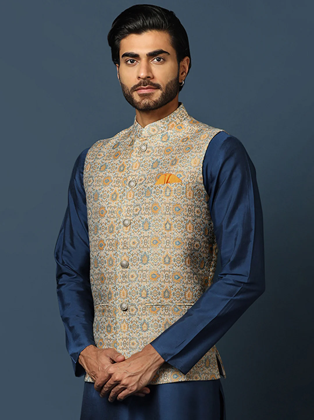 Grey Silk Blend Jacquard Nehru Jacket - Image 3