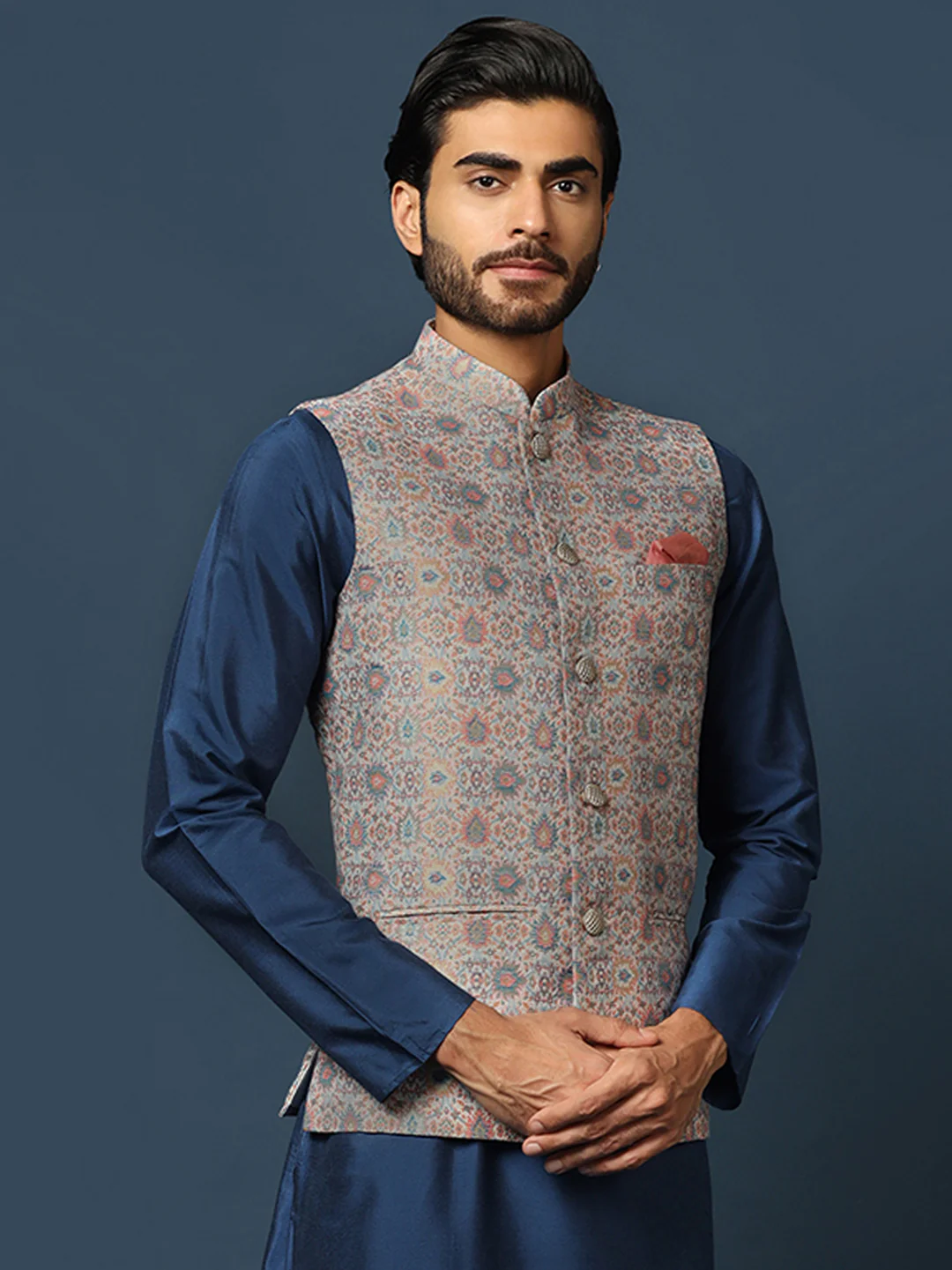 Grey Jacquard Nehru Jacket with Multicolor Weave - Image 2