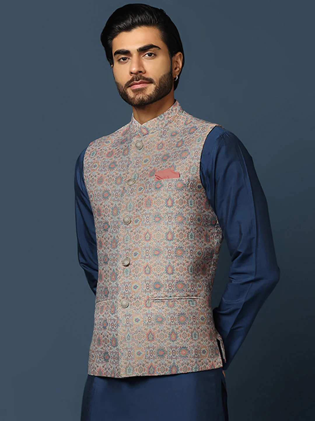 Grey Jacquard Nehru Jacket with Multicolor Weave - Image 3