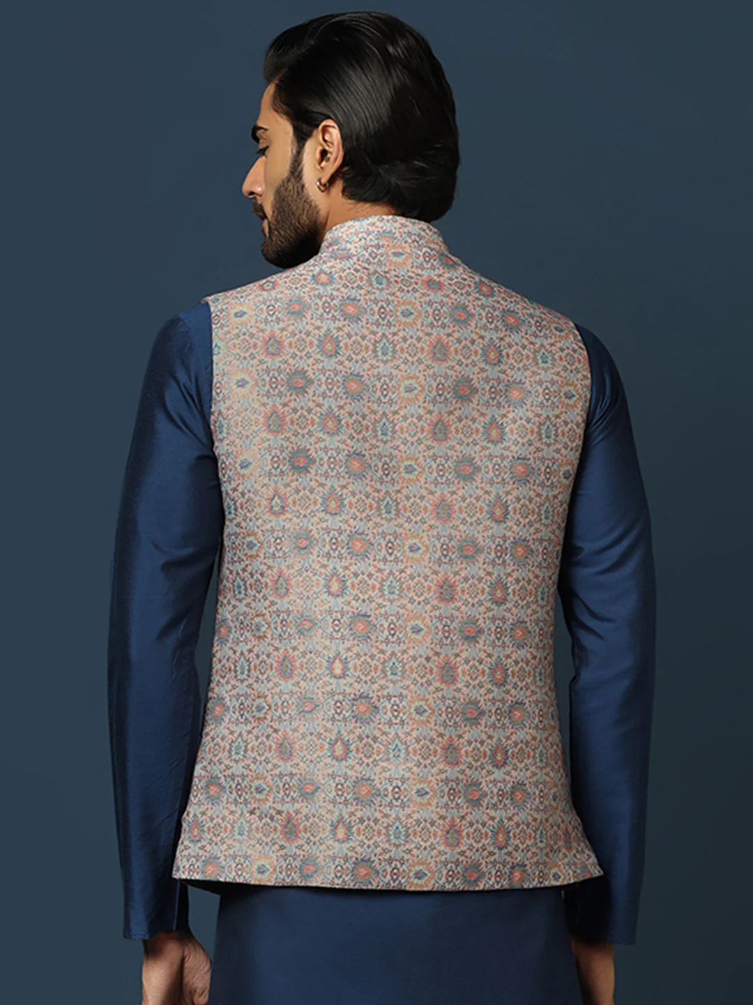 Grey Jacquard Nehru Jacket with Multicolor Weave - Image 4