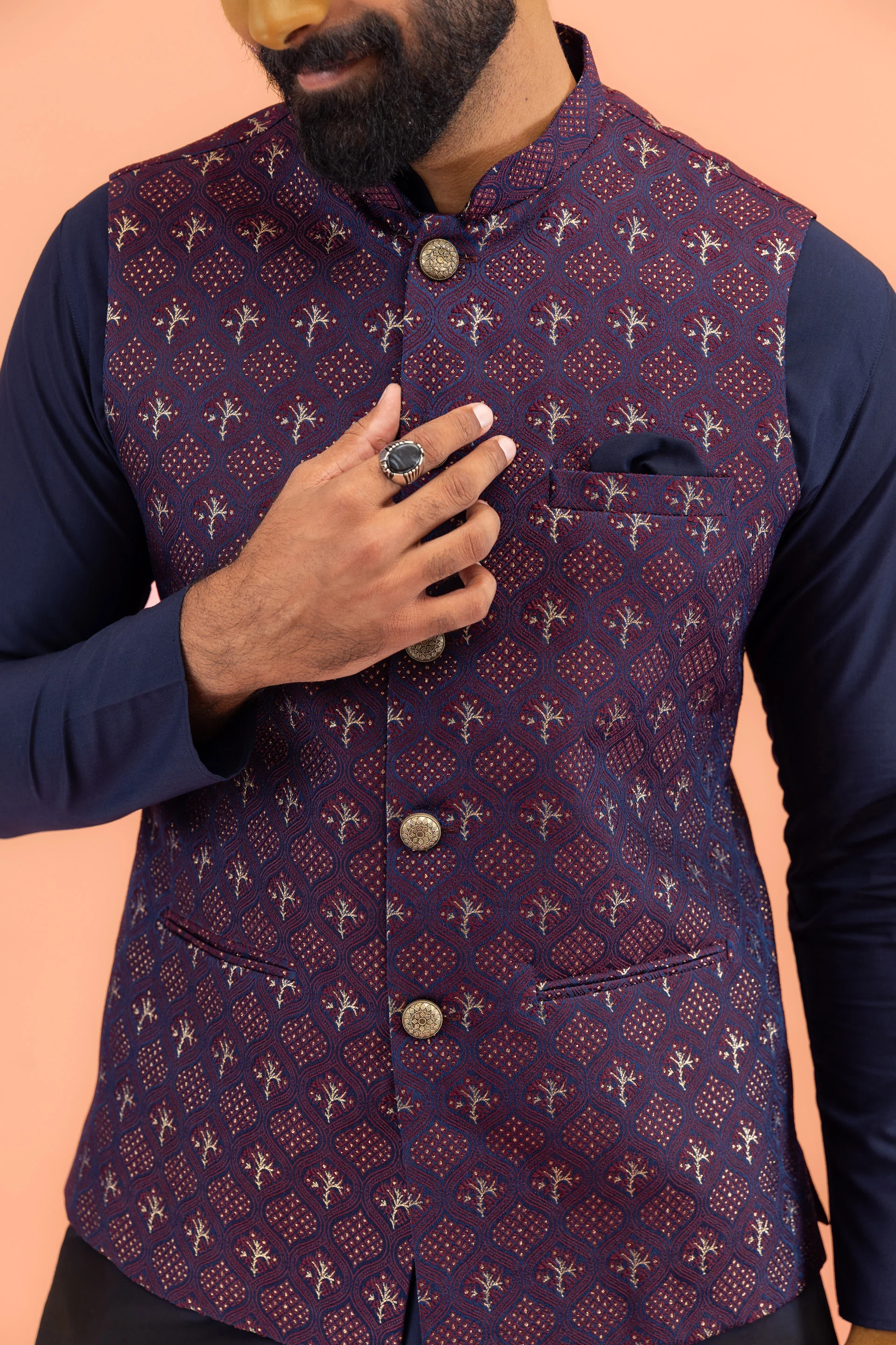 Men Maroon Textured Nehru Jacket - Image 6