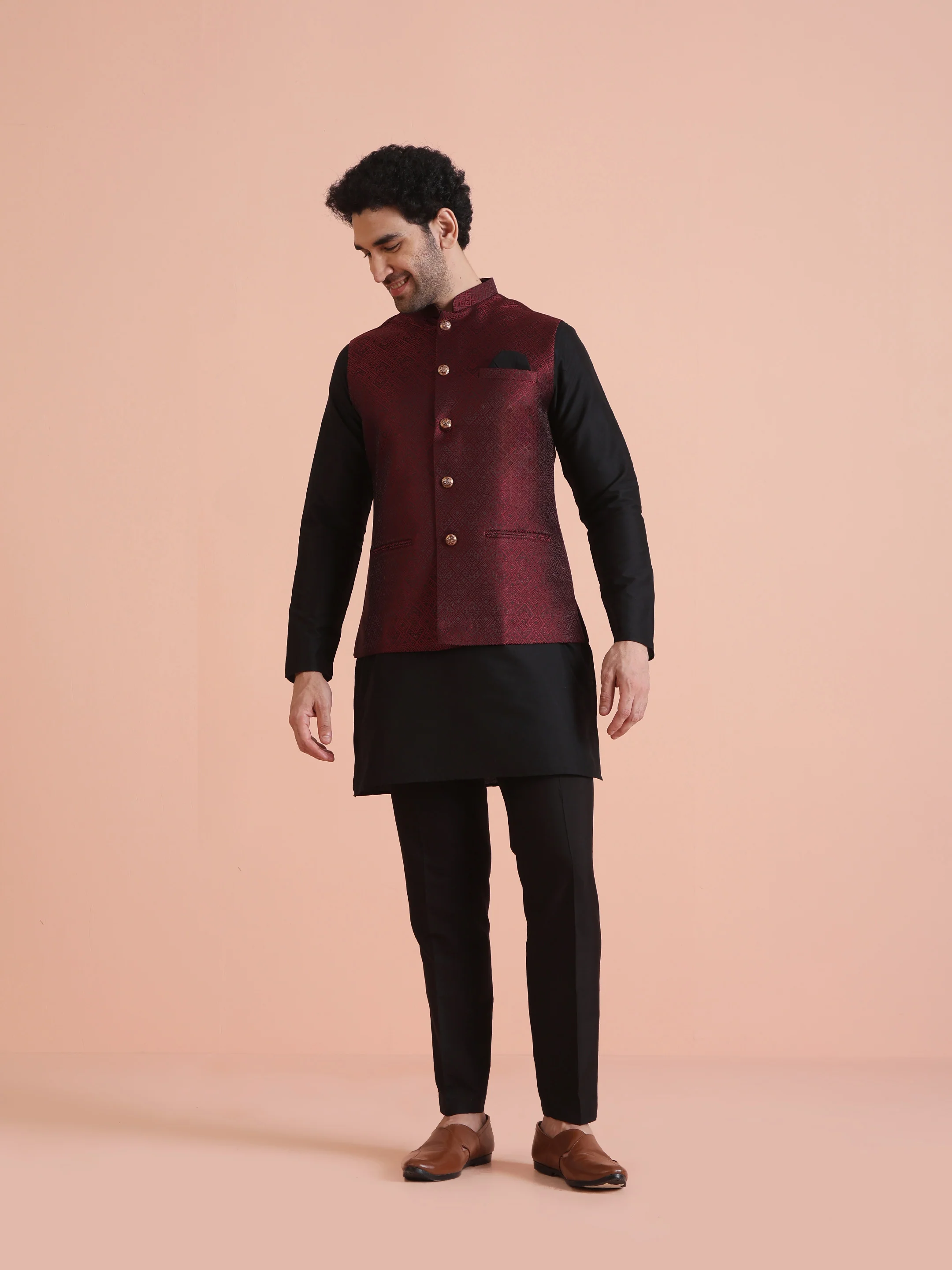 Men Maroon Textured Nehru Jacket - Image 6