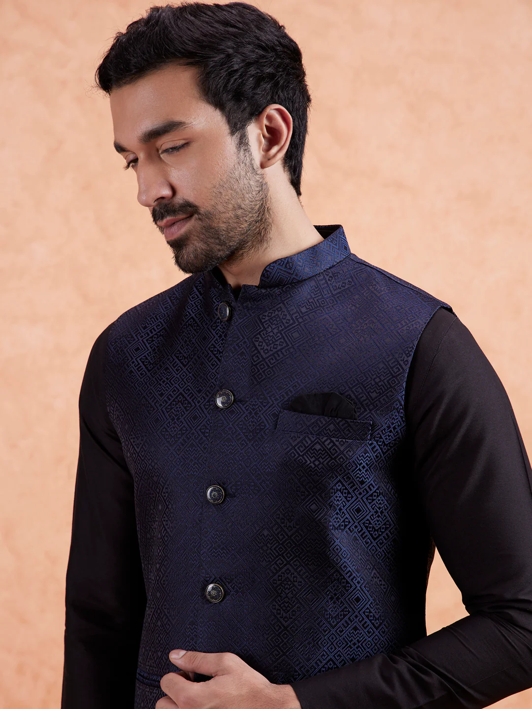 Men Navy Blue Textured Nehru Jacket - Image 2