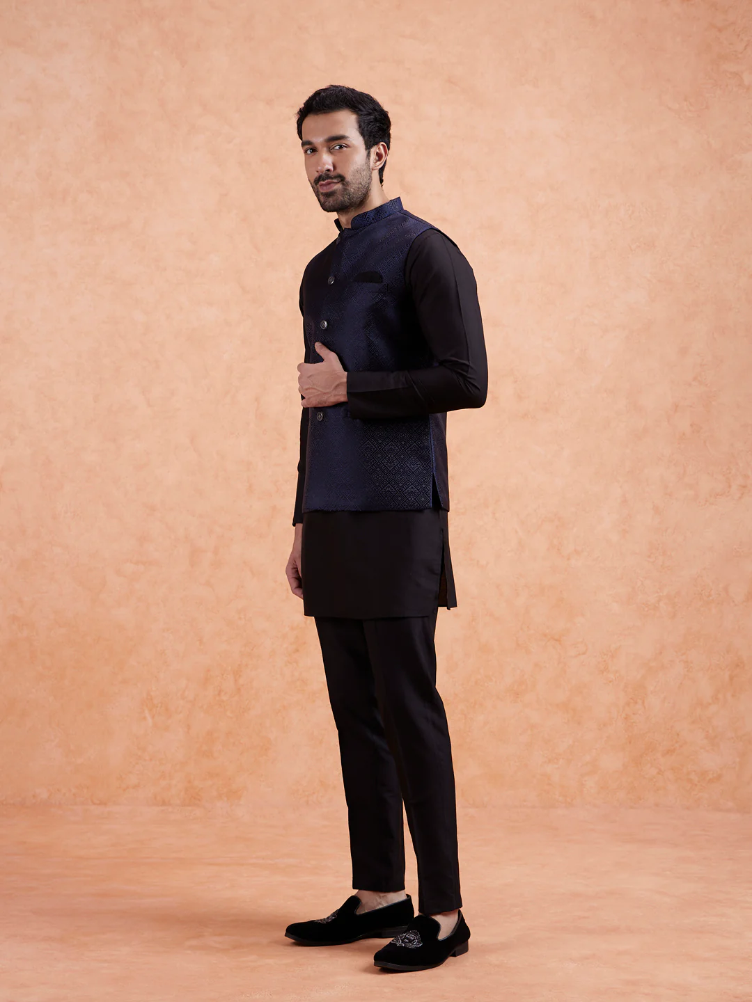 Men Navy Blue Textured Nehru Jacket - Image 5