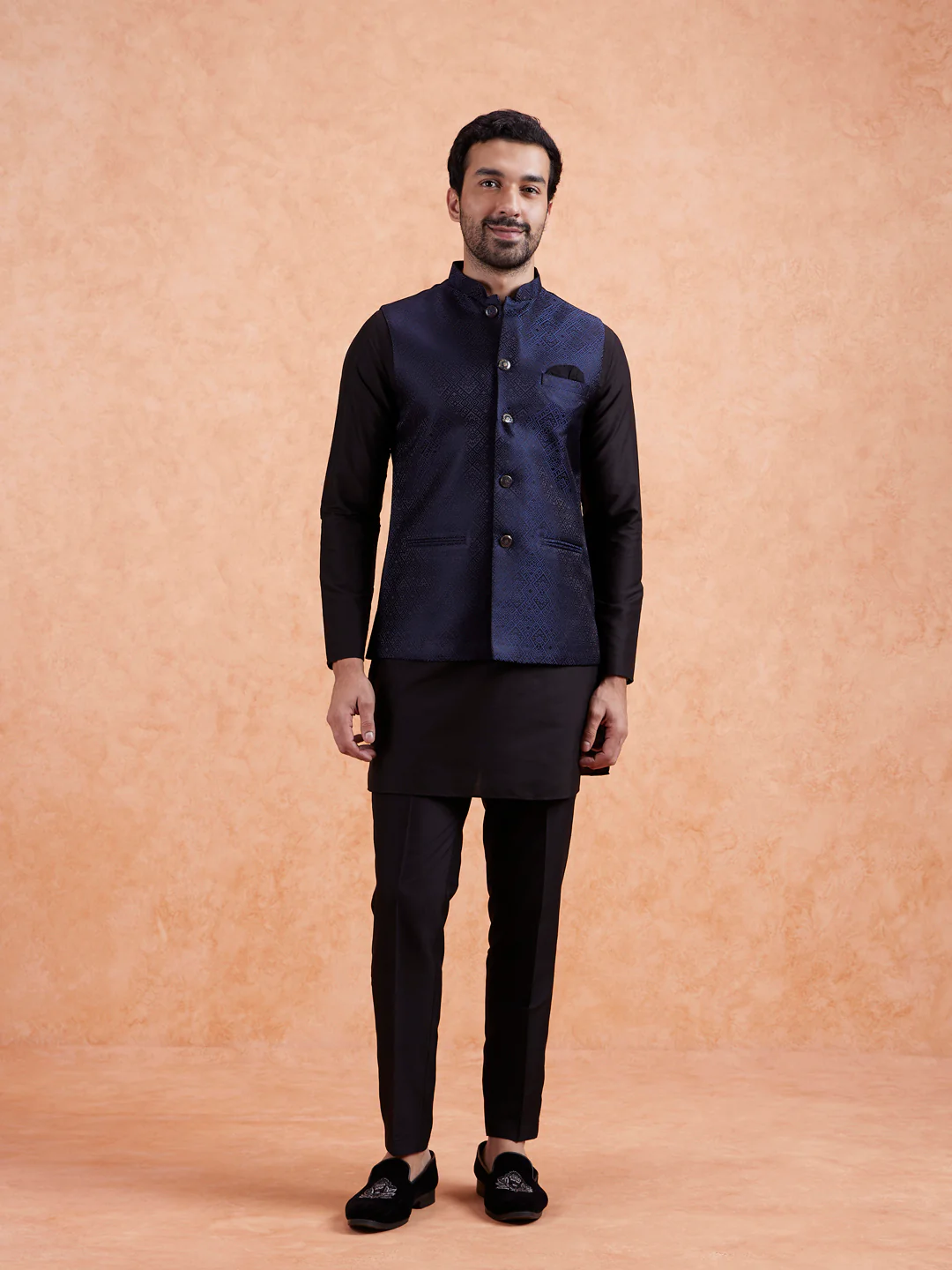 Men Navy Blue Textured Nehru Jacket - Image 7