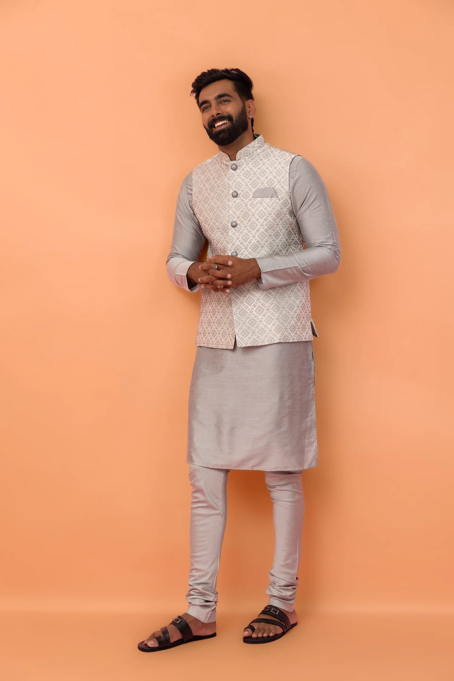 Grey Textured Nehru Jacket - Image 2