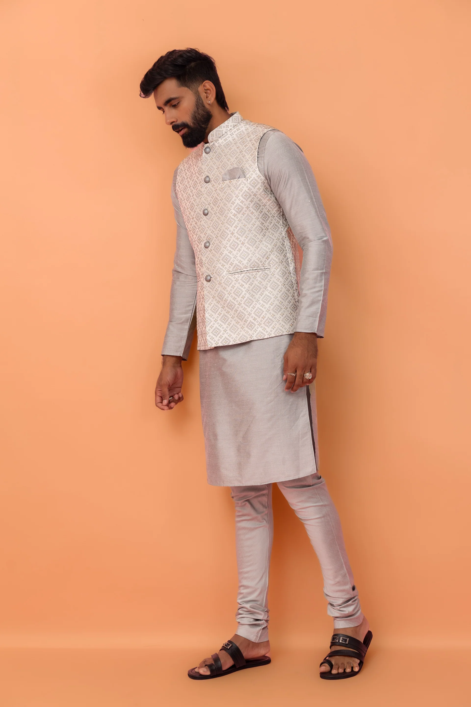 Grey Textured Nehru Jacket - Image 5