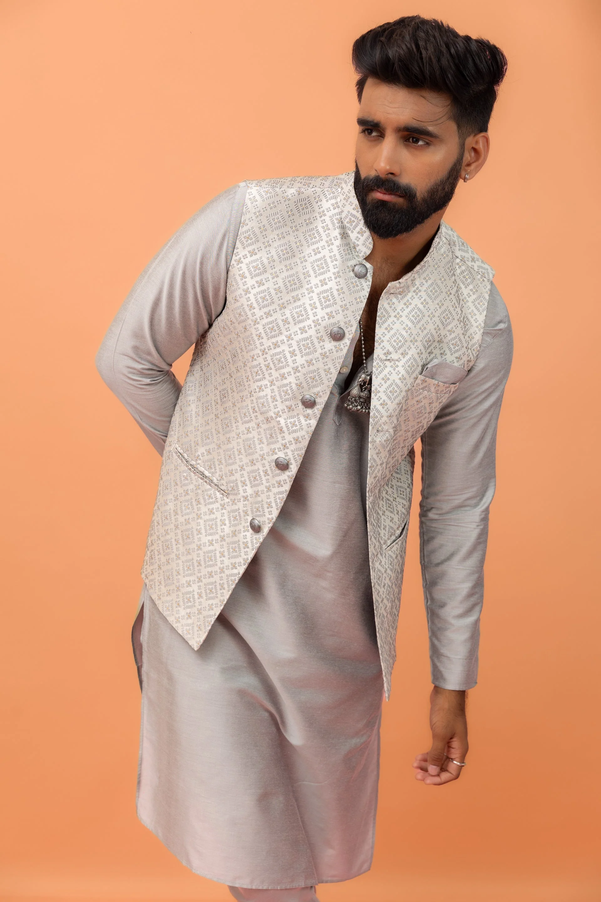 Grey Textured Nehru Jacket - Image 7