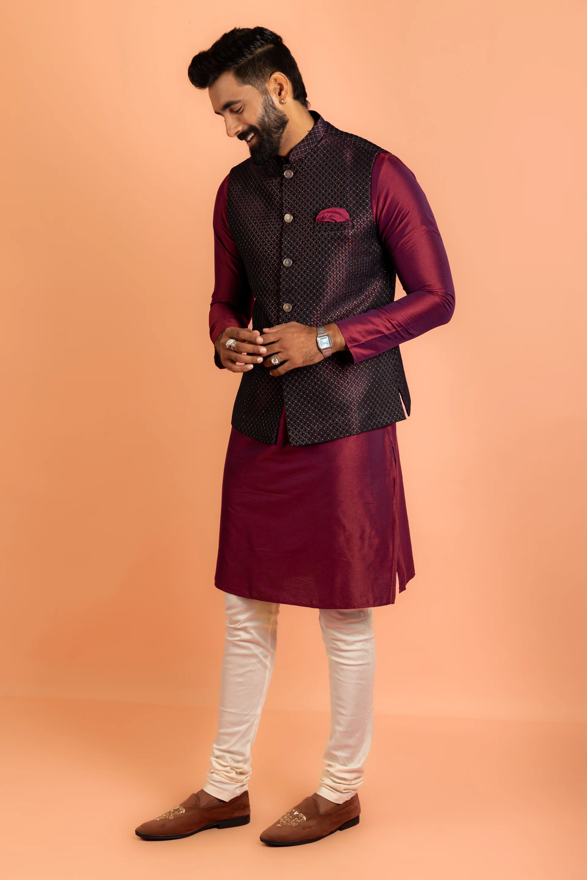Wine Silk Blend Woven Nehru Jacket Bundi - Image 3