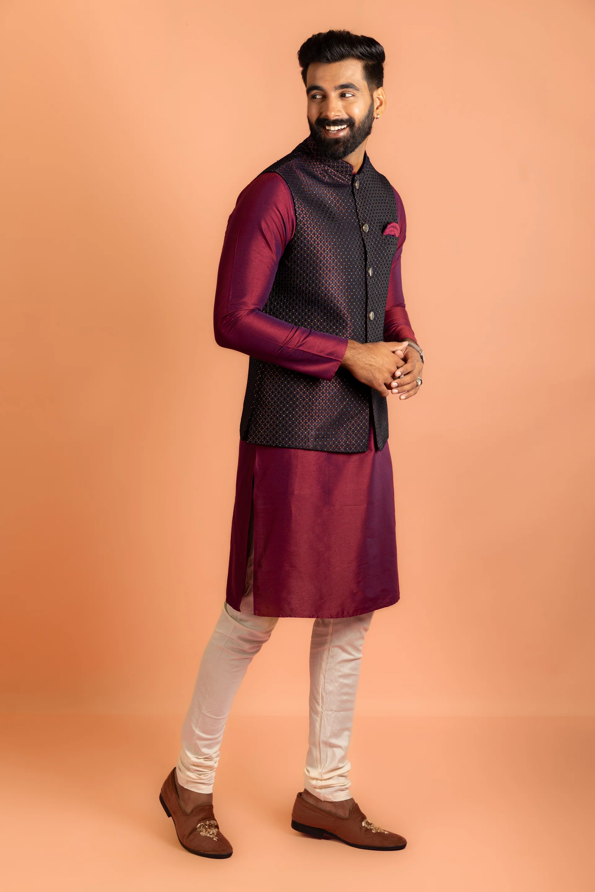 Wine Silk Blend Woven Nehru Jacket Bundi - Image 5