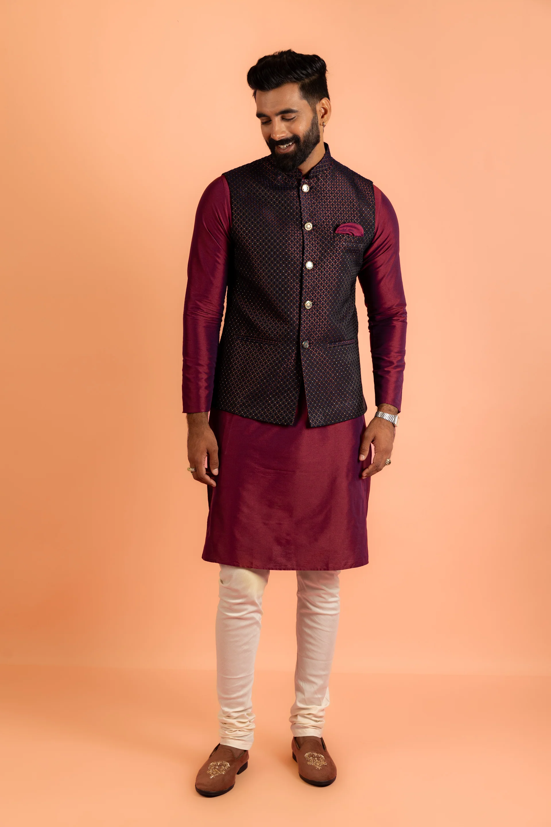 Wine Silk Blend Woven Nehru Jacket Bundi - Image 8