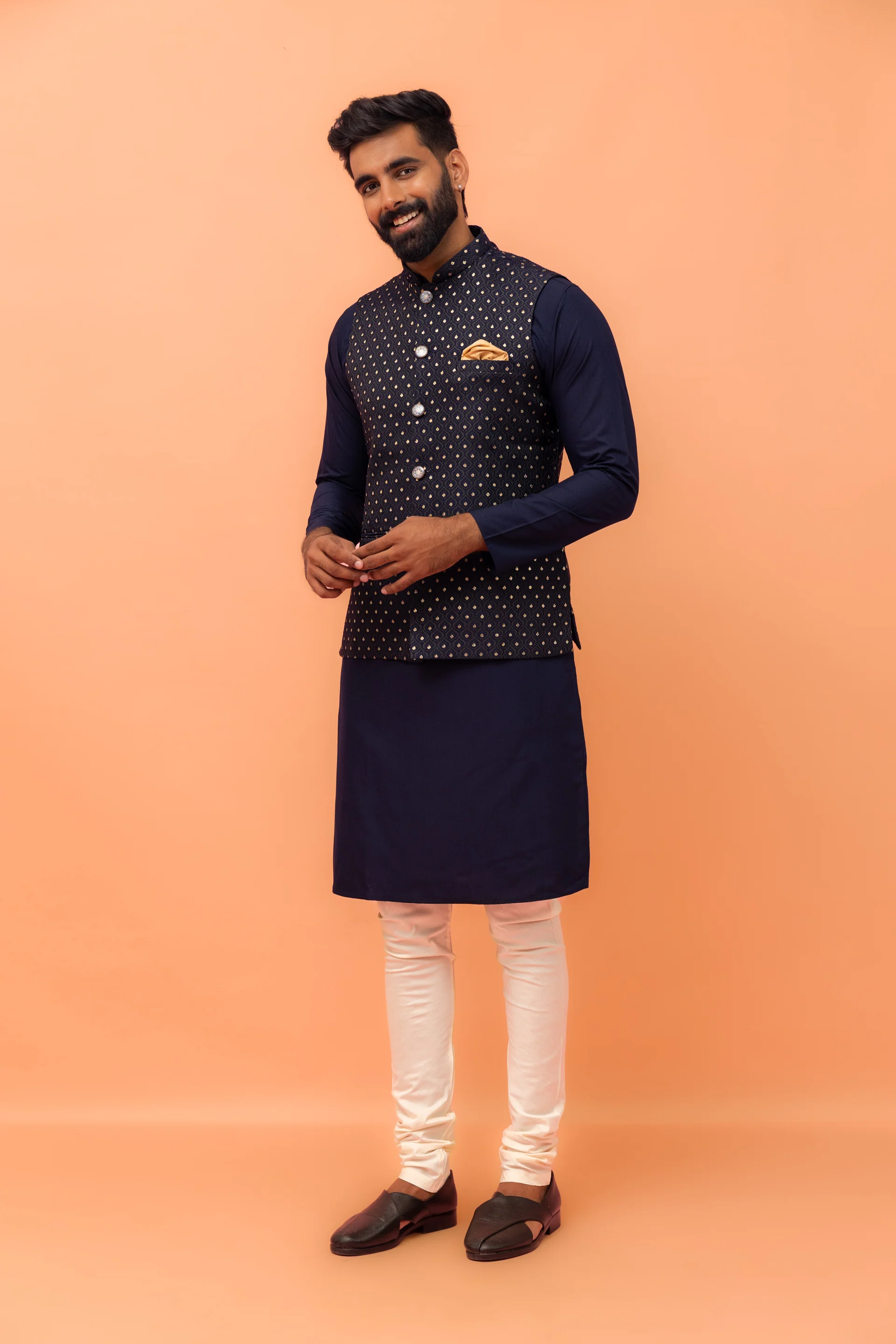 Navy Blue Textured Jacquard Nehru Jacket with Embellished Buttons and Gold Pocket Square - Image 7
