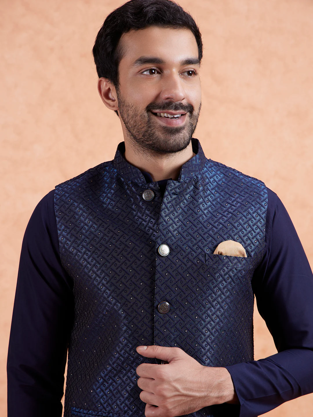 Navy Jacquard Textured Nehru Jacket - Image 2