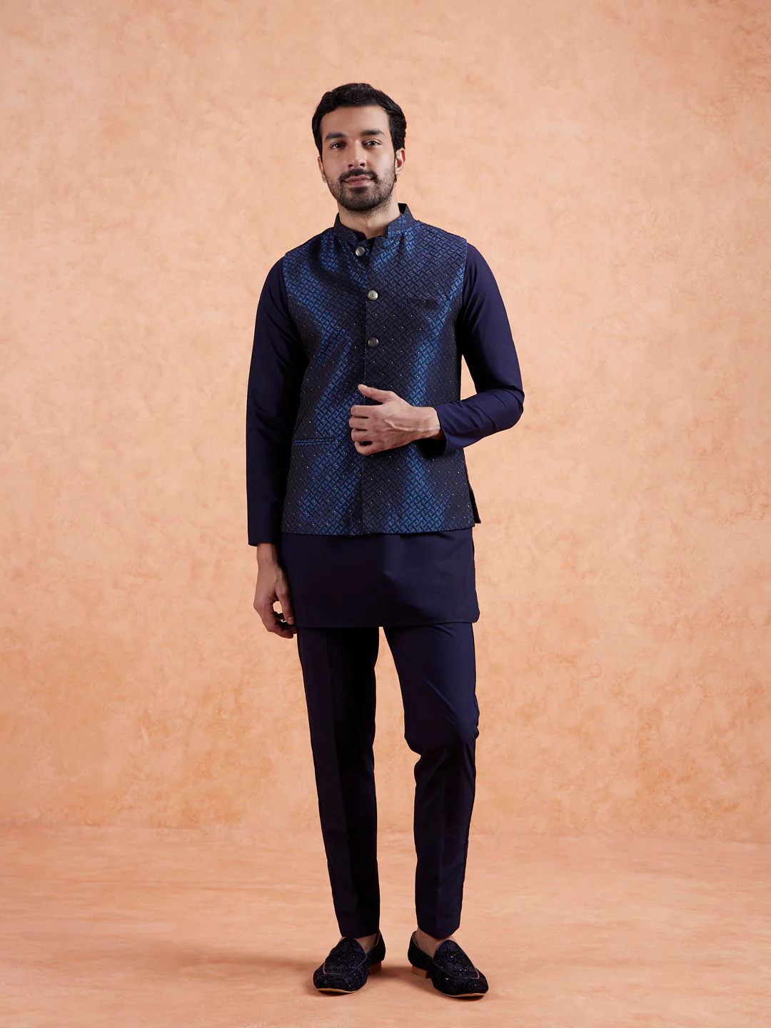 Navy Jacquard Textured Nehru Jacket - Image 7