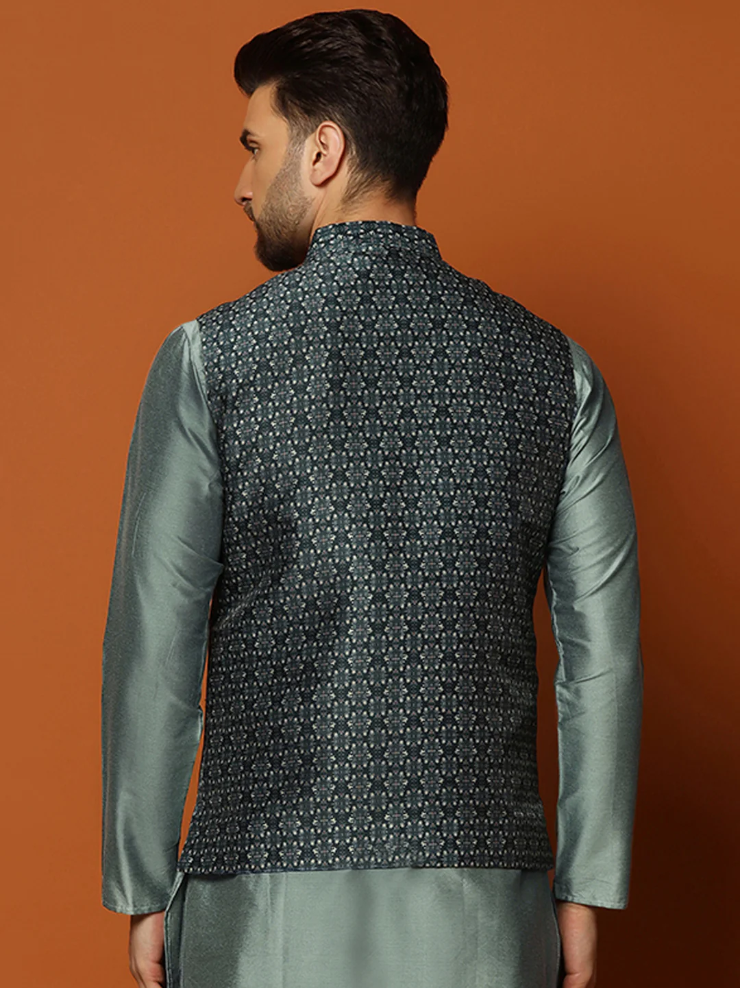 Men Teal Woven Design Nehru Jacket - Image 4