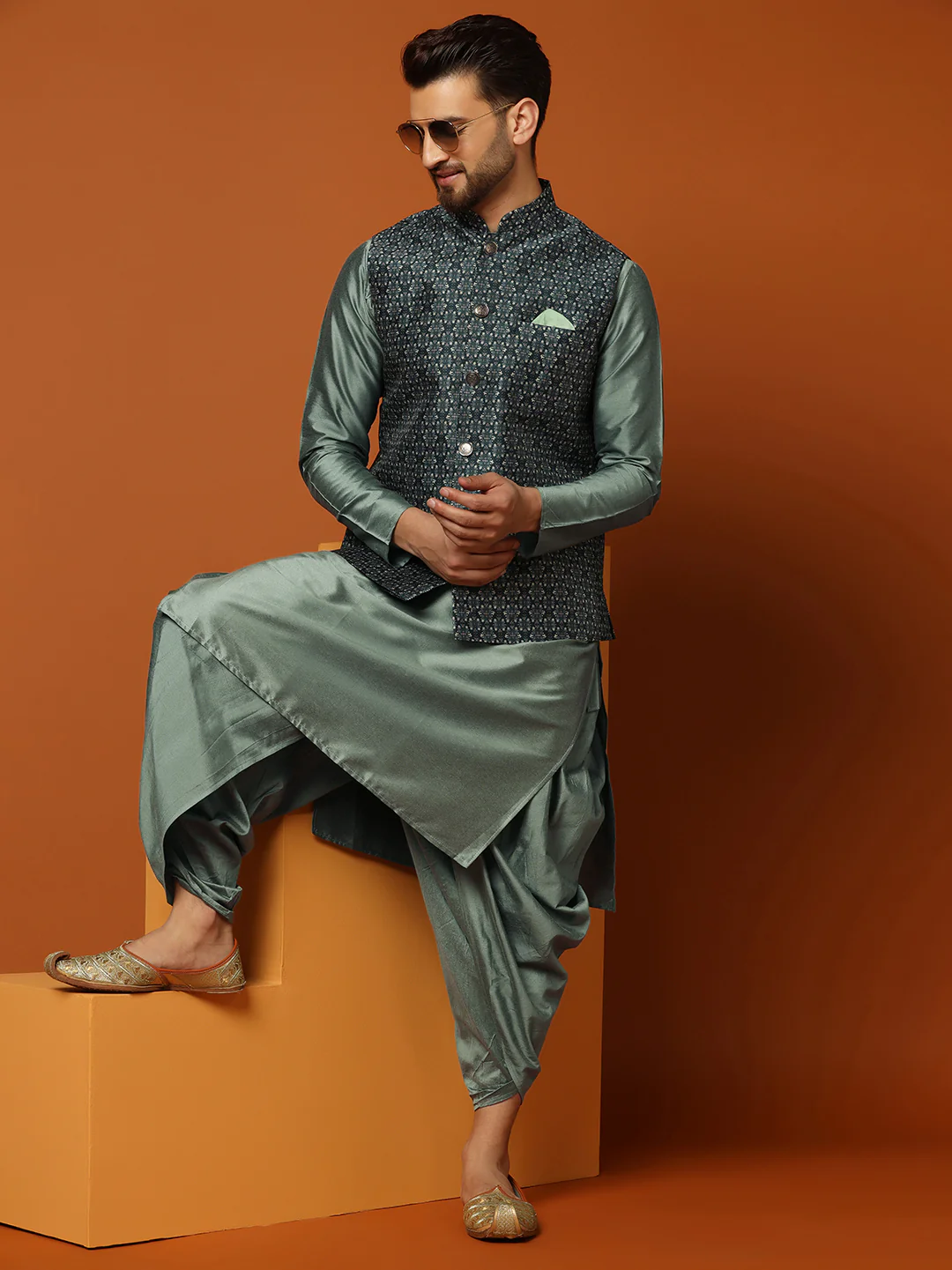 Men Teal Woven Design Nehru Jacket - Image 6