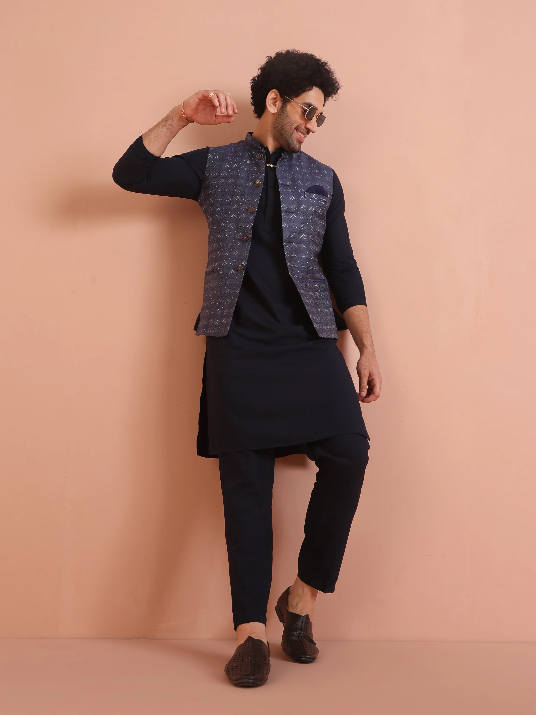 Navy Blue Silk Blend Jacquard Nehru Jacket - Image 5