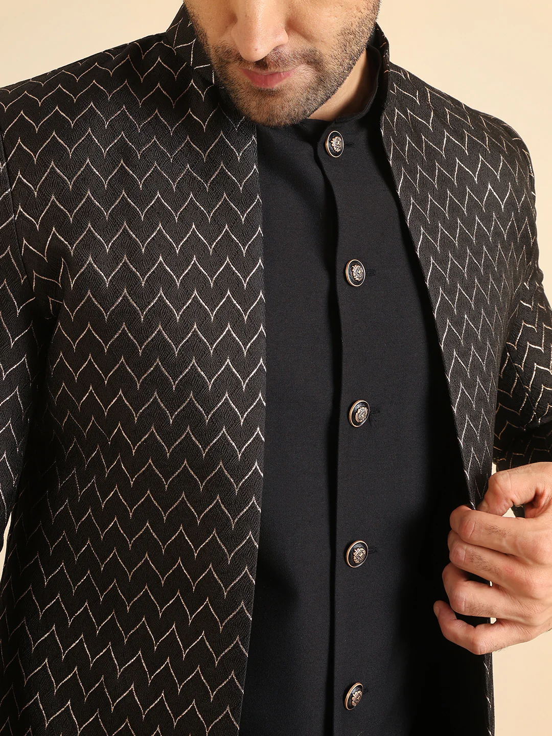 Black Zig-Zag Embroidered Sherwani Jacket Set - Image 3
