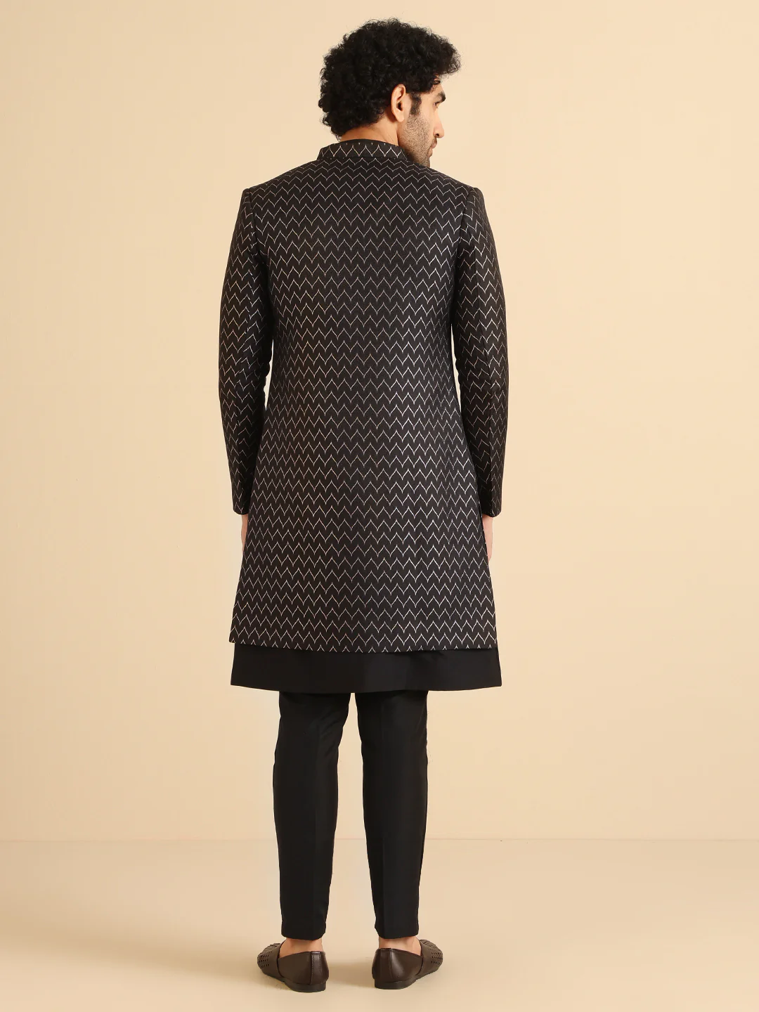 Black Zig-Zag Embroidered Sherwani Jacket Set - Image 4