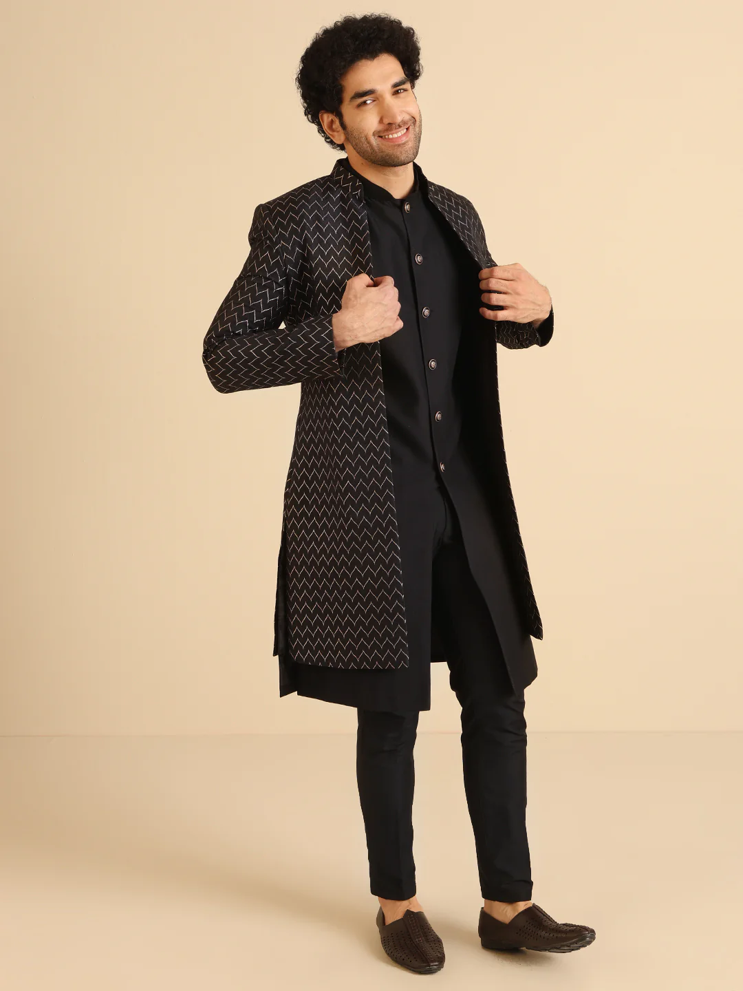 Black Zig-Zag Embroidered Sherwani Jacket Set - Image 7