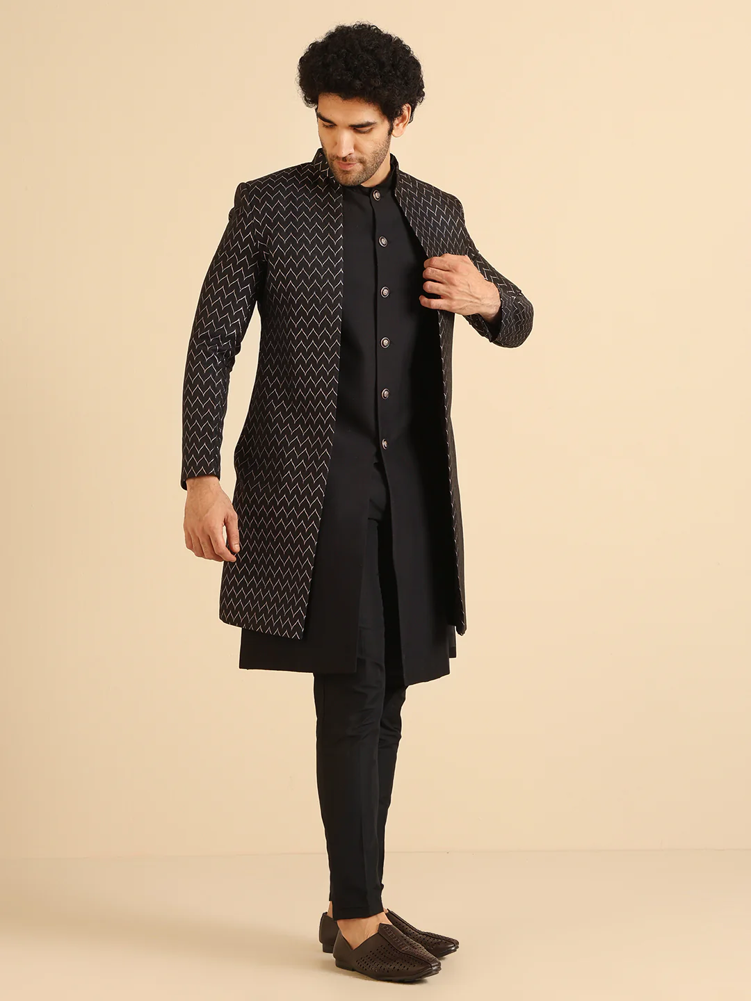 Black Zig-Zag Embroidered Sherwani Jacket Set - Image 8