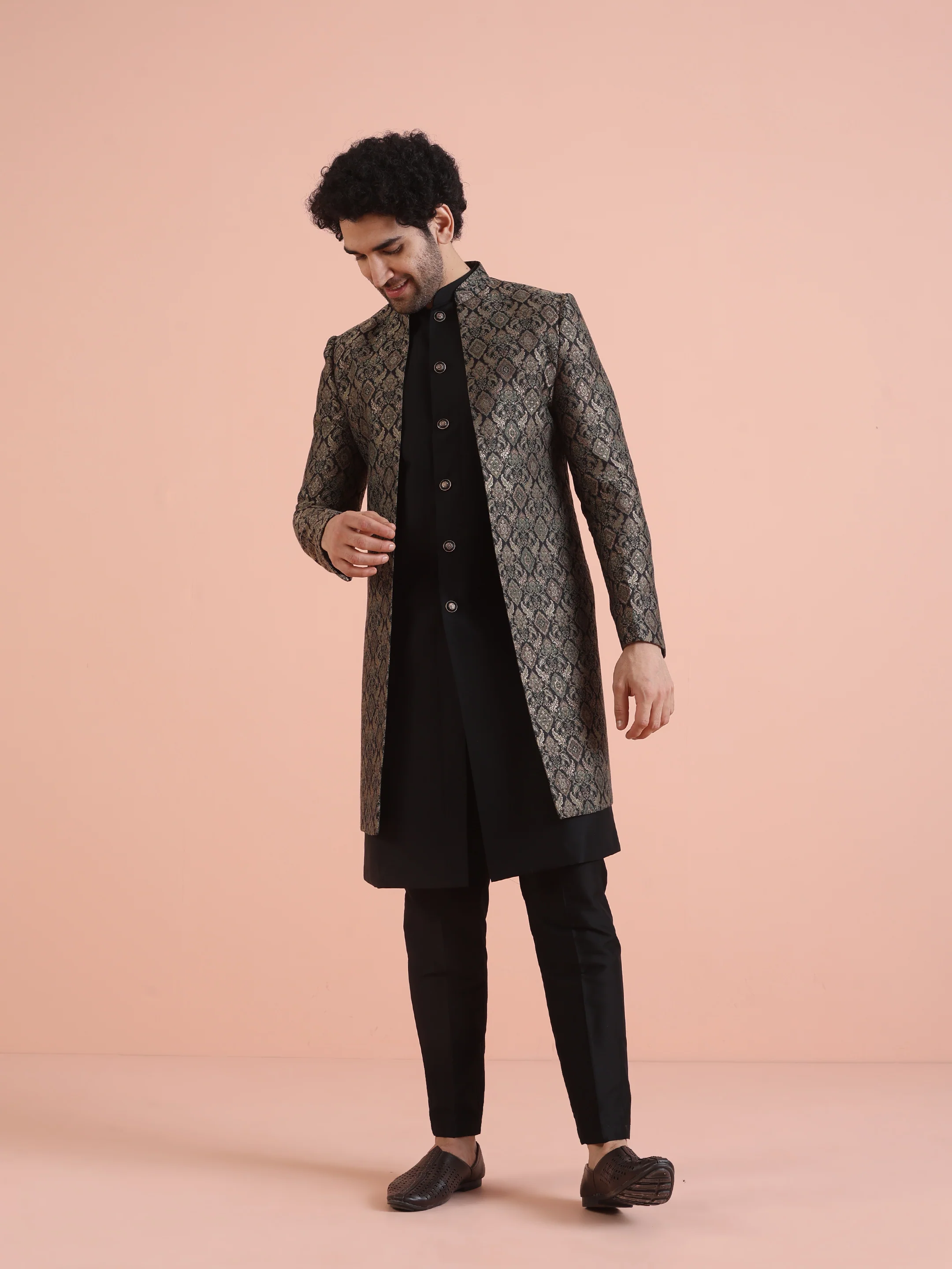 Men Green Jacquard Jacket Indowestern Trouser Set with Ethnic Motifs - Image 2