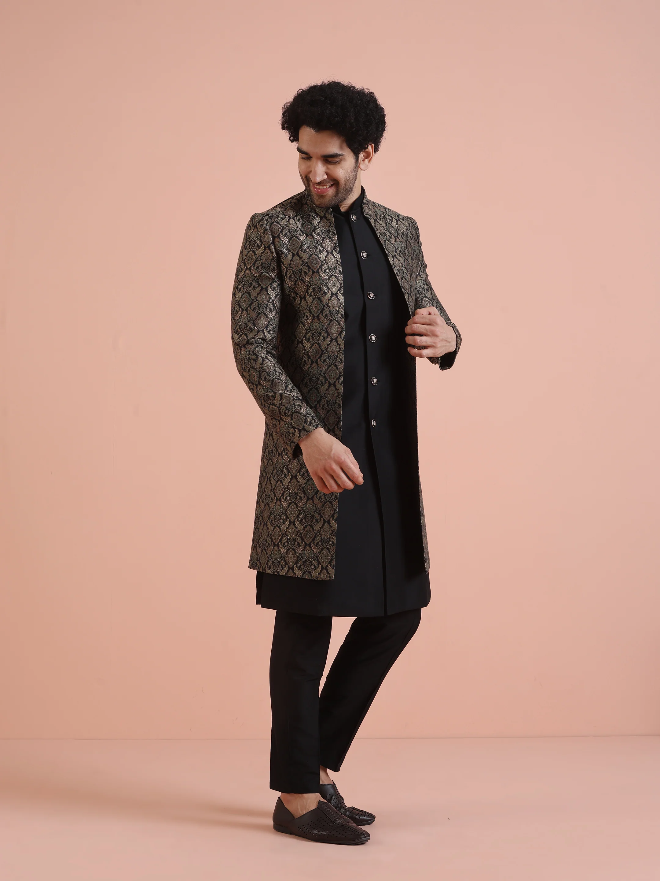 Men Green Jacquard Jacket Indowestern Trouser Set with Ethnic Motifs - Image 3
