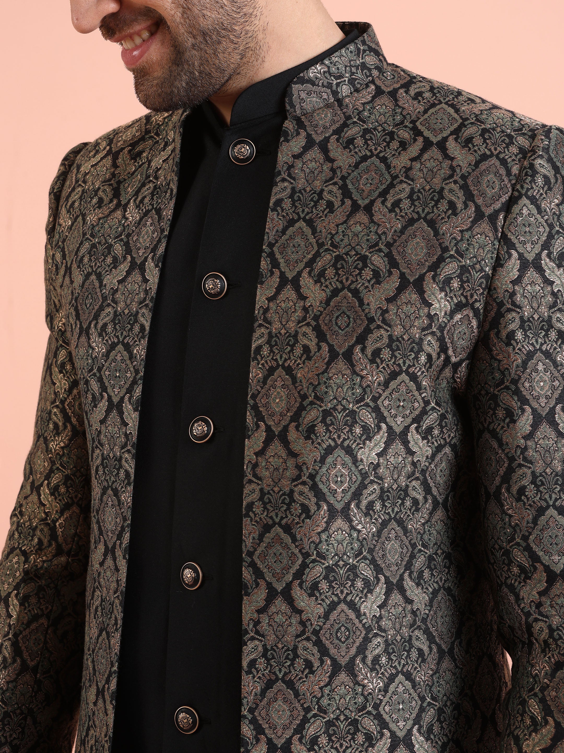 Men Green Jacquard Jacket Indowestern Trouser Set with Ethnic Motifs - Image 6