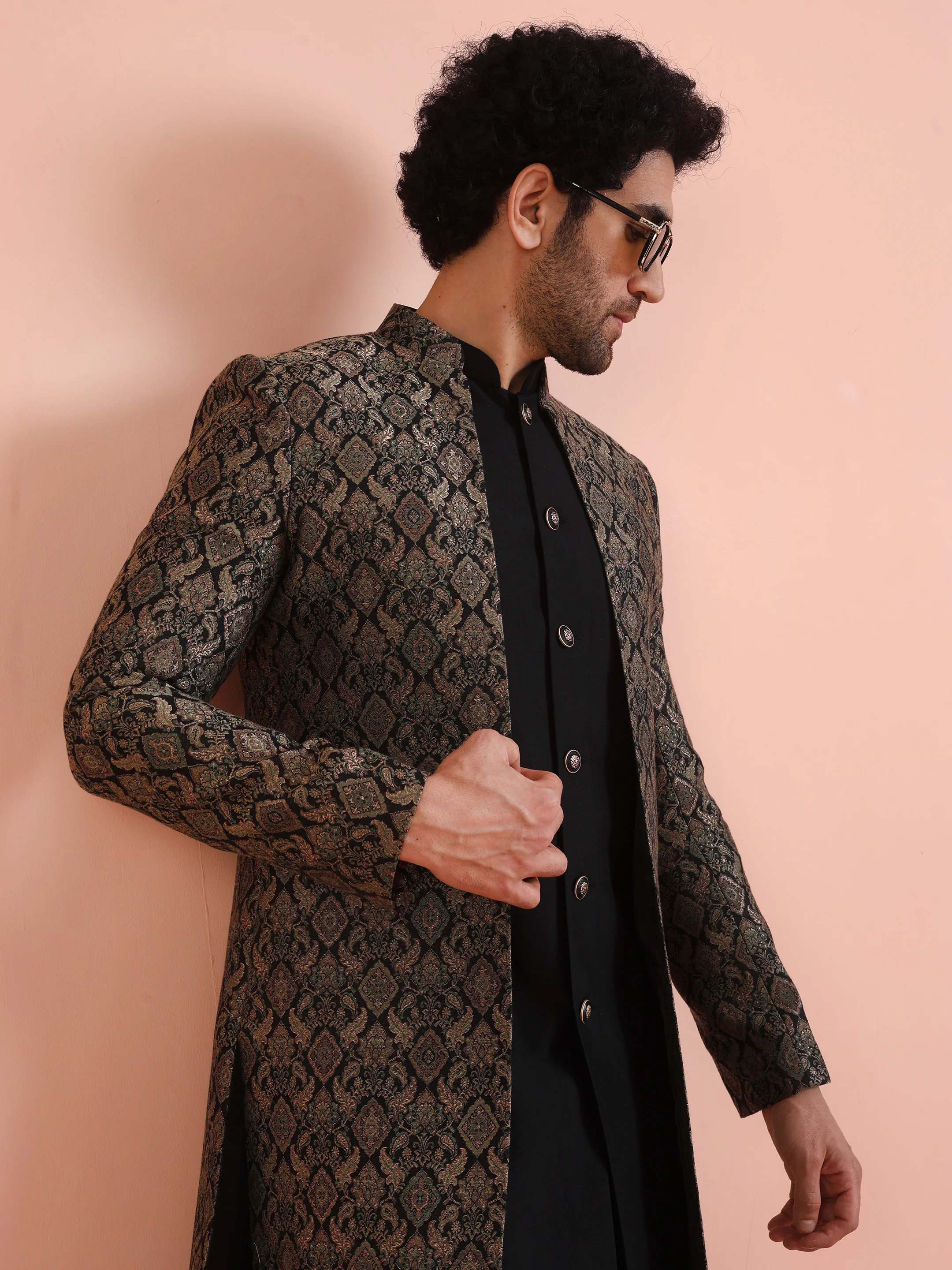 Men Green Jacquard Jacket Indowestern Trouser Set with Ethnic Motifs - Image 8